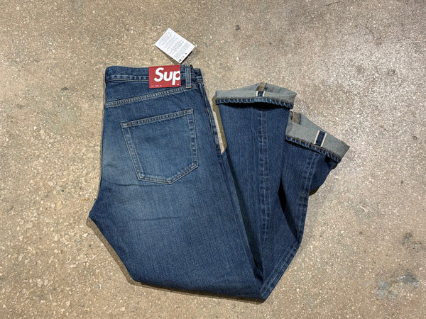 NEW Supreme Slim Straight Selvedge Denim - Dark Washed Indigo Size 34