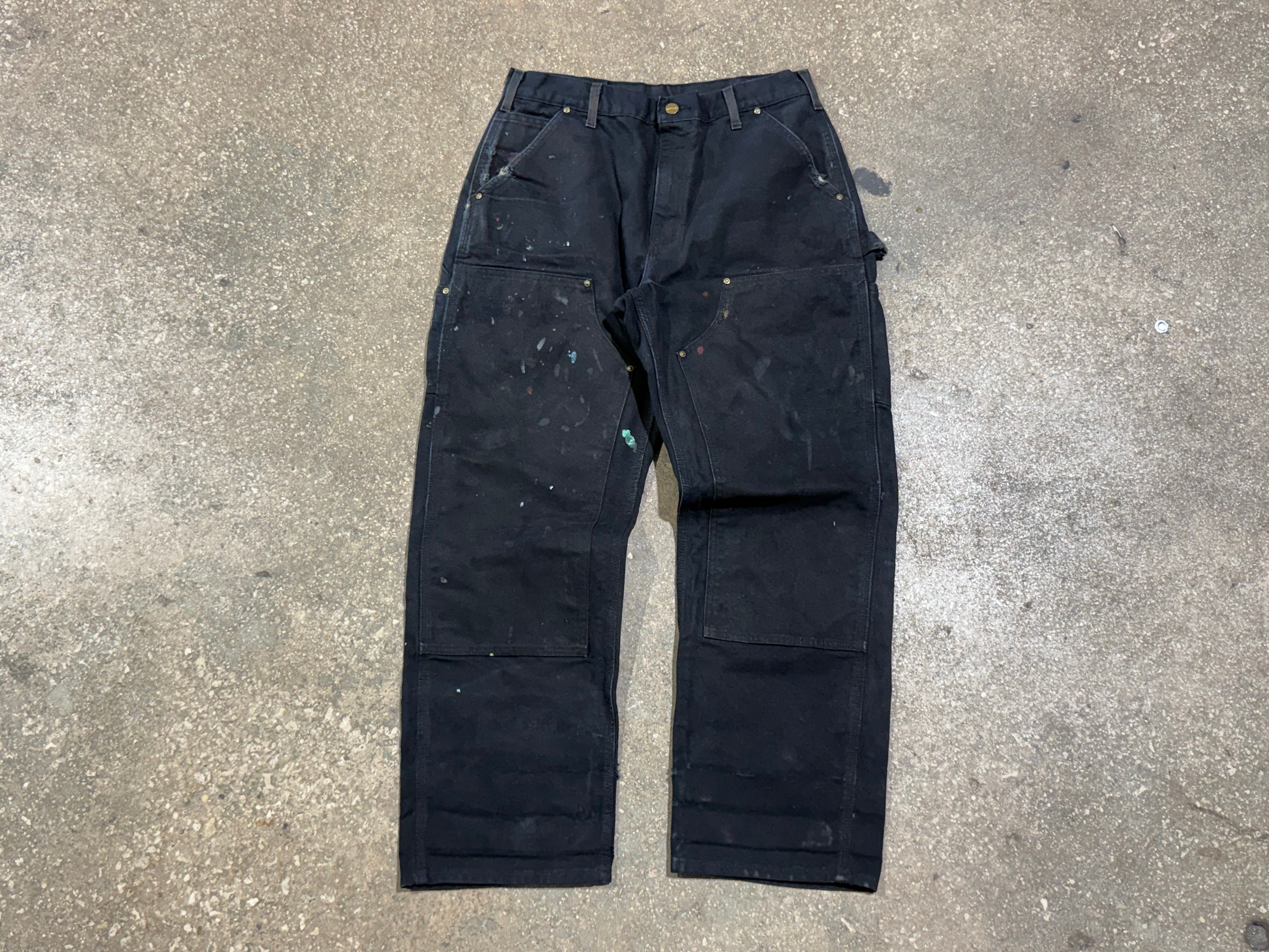 USED Distressed Carhartt Paint Splatter Double Knee Carpenter Pants - Black Size 32x30