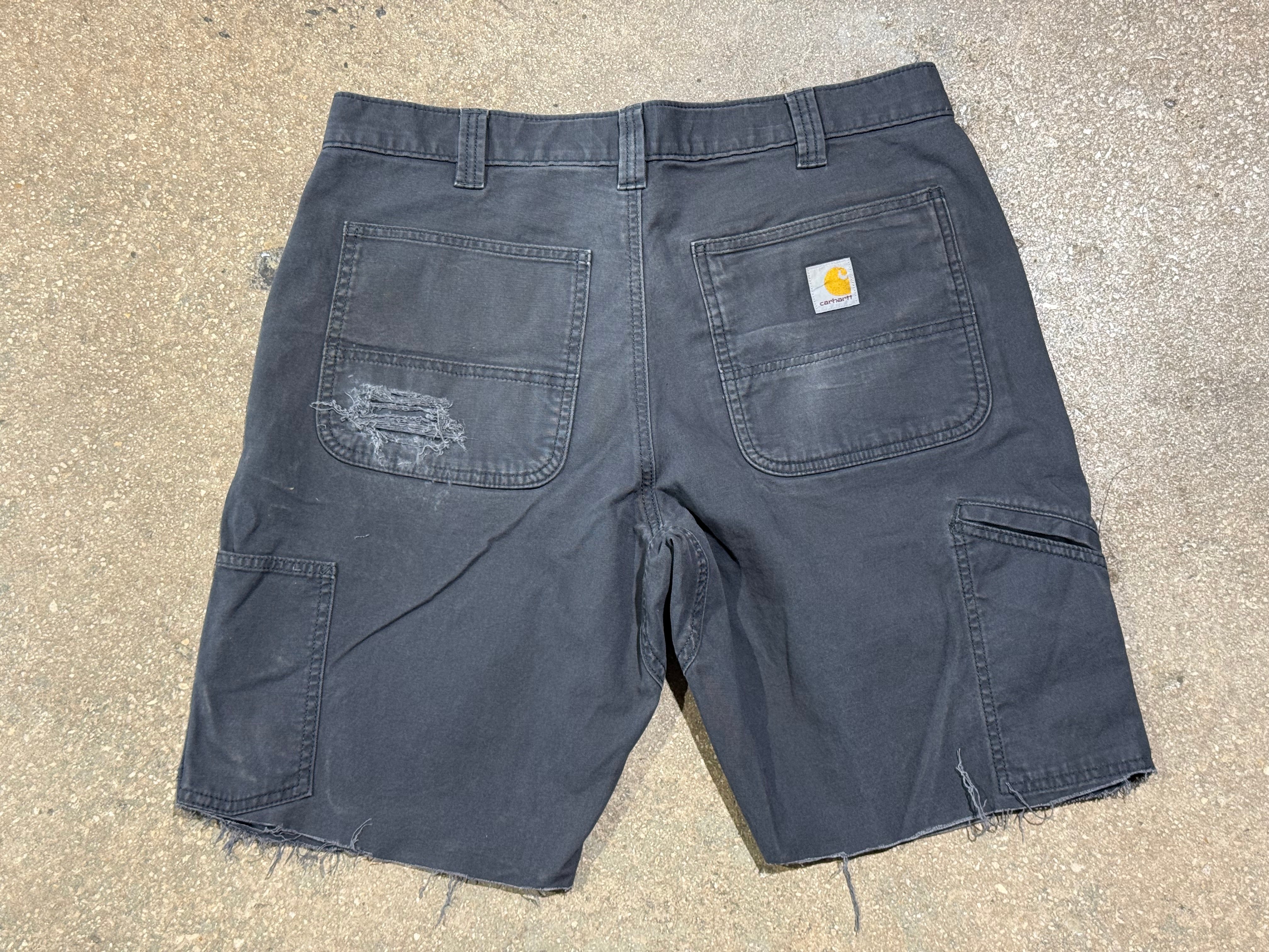 USED Distressed Carhartt Double Knee Shorts - Dark Grey Size 36