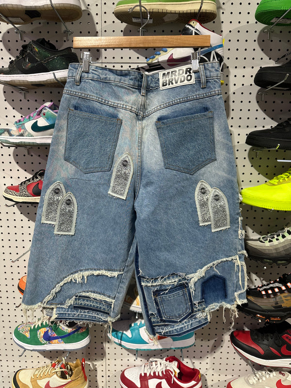 NEW Who Decides War Patched Arch Denim Shorts - Blue  Size 32