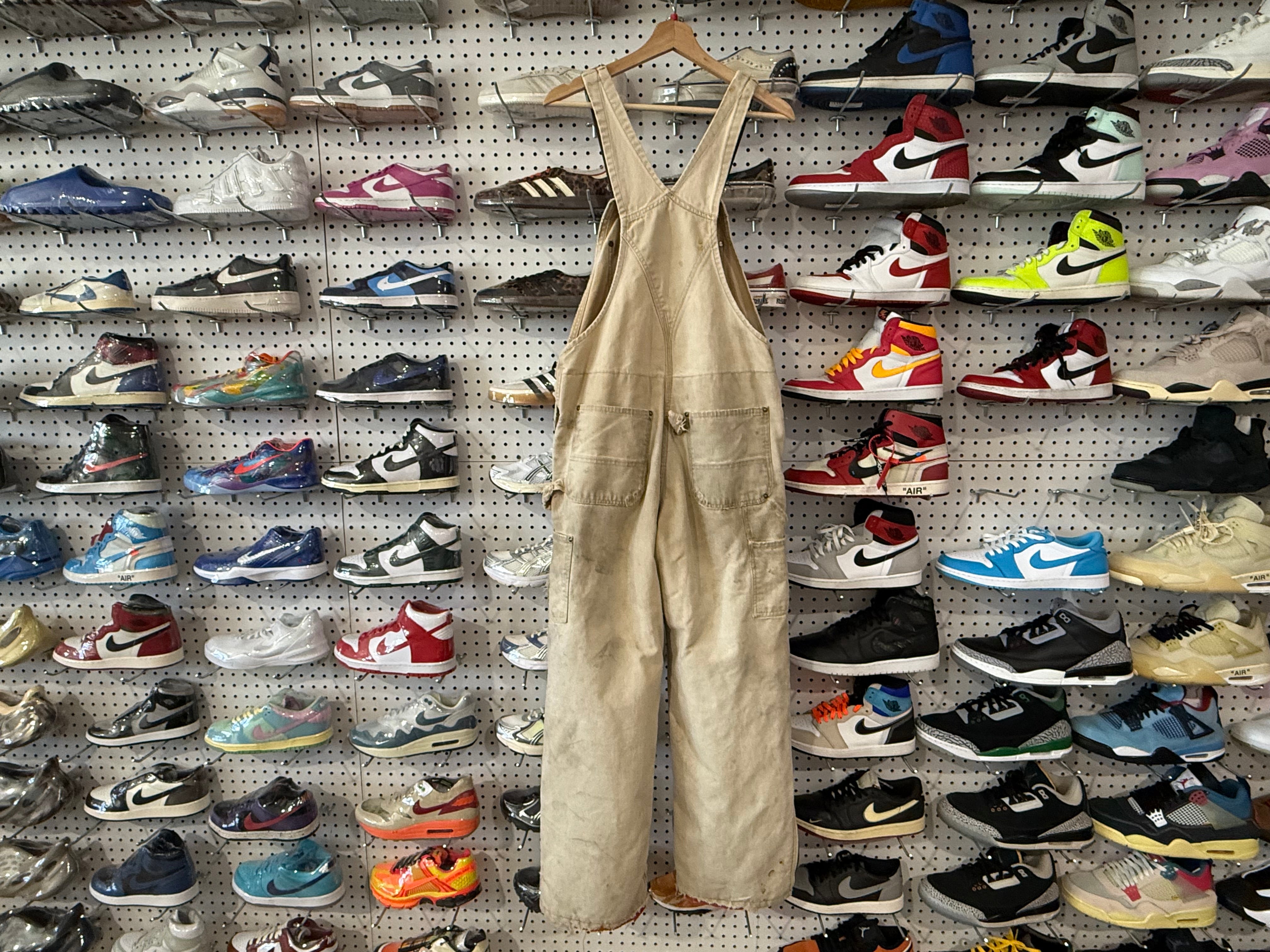 USED Distressed Carhartt Double Knee Overalls - Khaki Size 34
