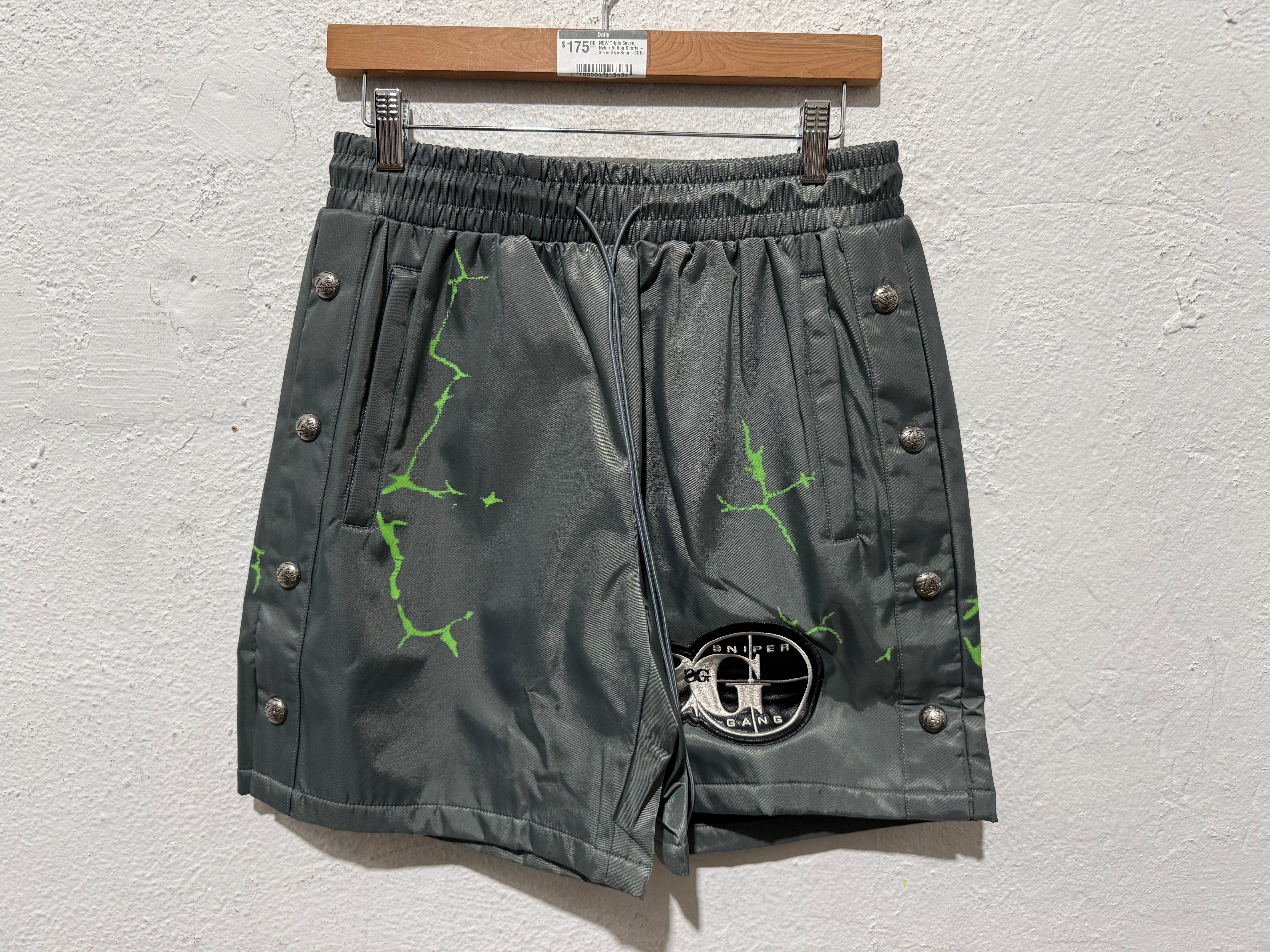 NEW Triple Seven Nylon Button Shorts - Silver Size Large