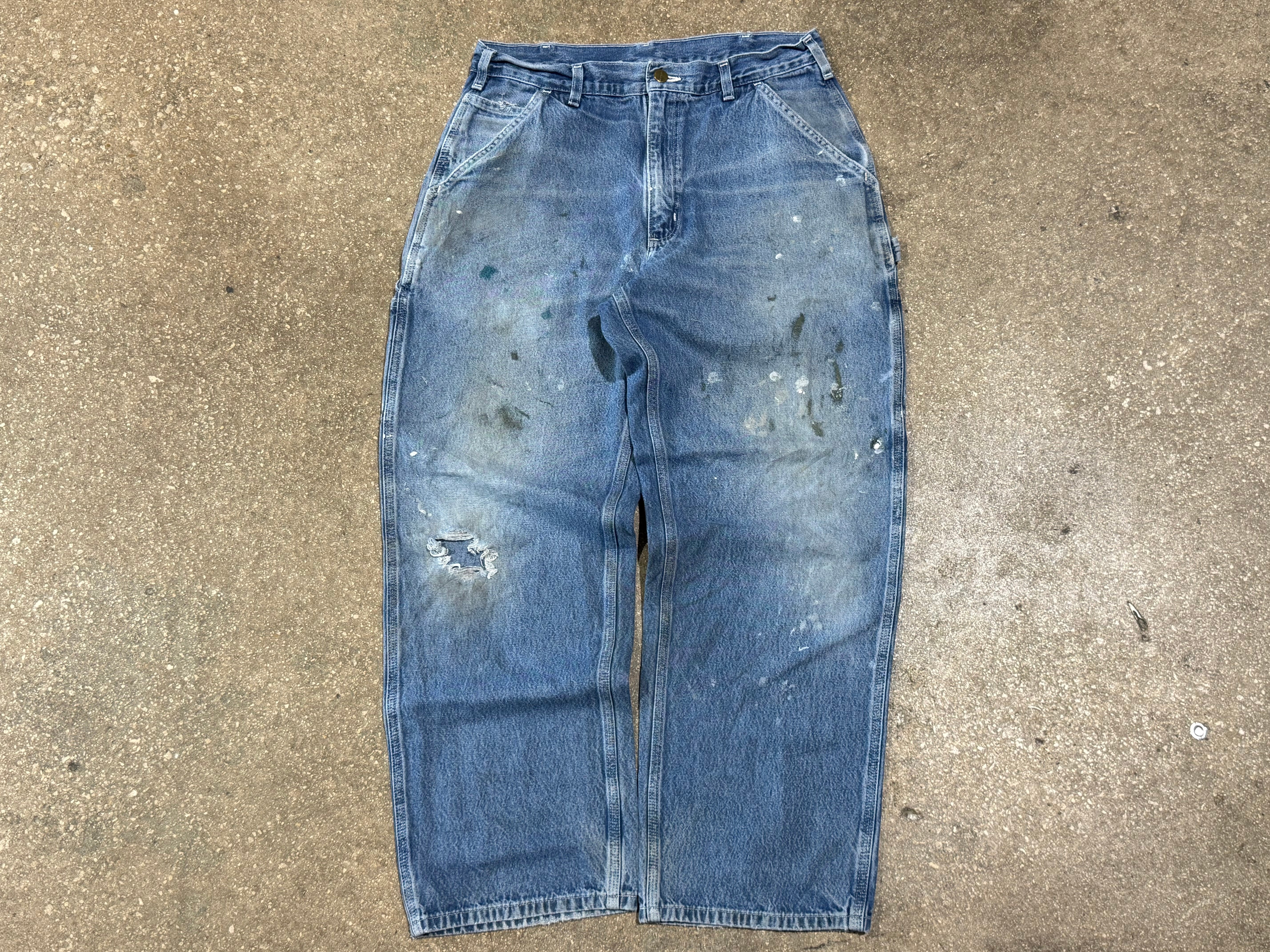 USED Distressed Paint Splatter Carhartt Denim - Blue Size 32x30
