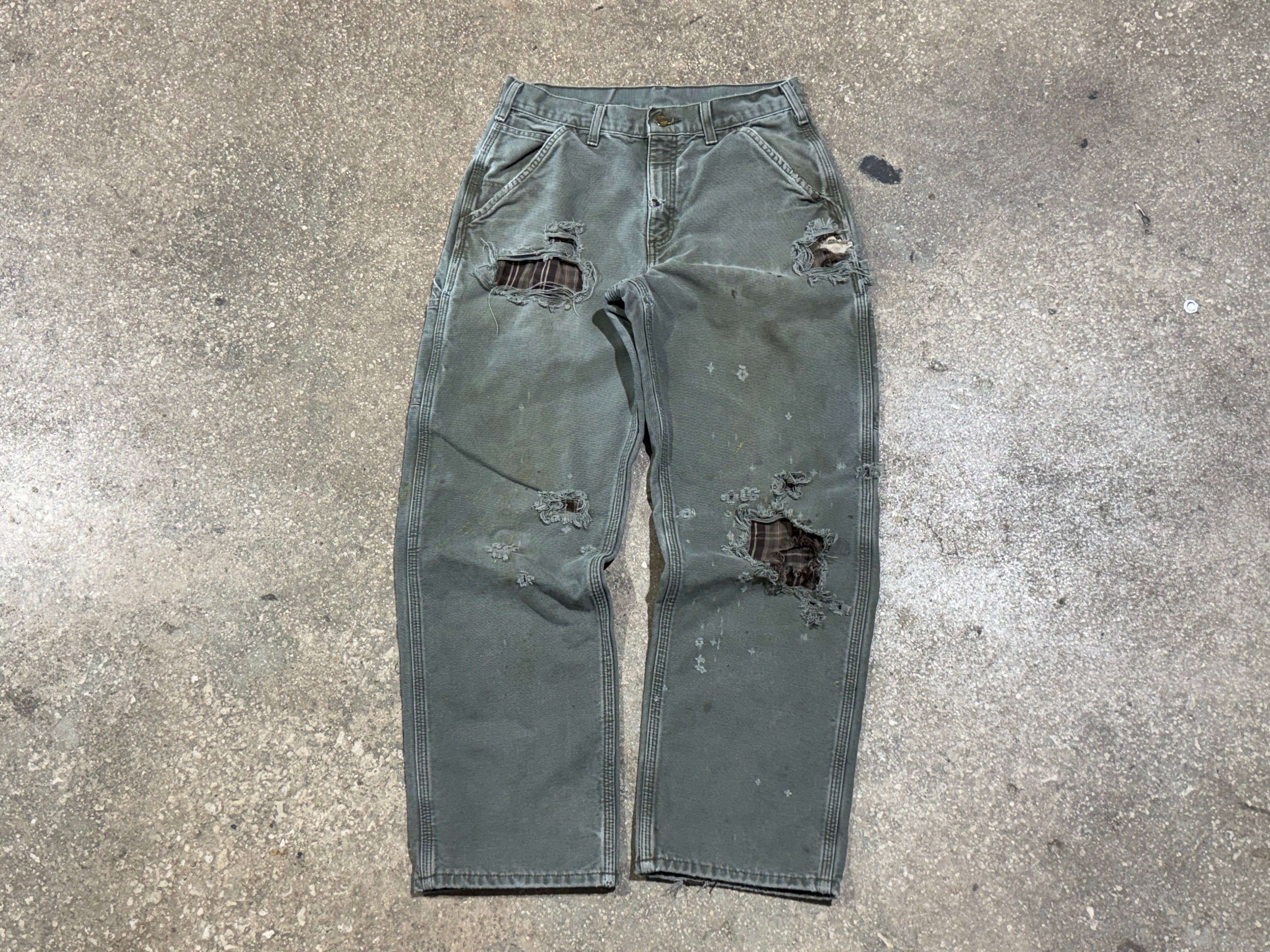 USED Distressed Carhartt  Flannel Lined Carpenter Pants - Olive Size 30x30