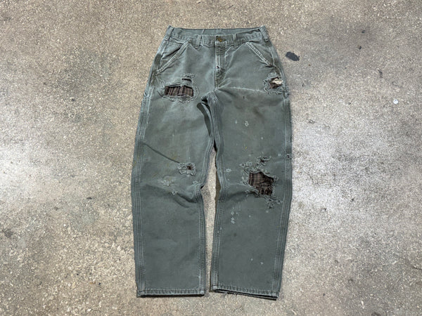 USED Distressed Carhartt  Flannel Lined Carpenter Pants - Olive Size 30x30