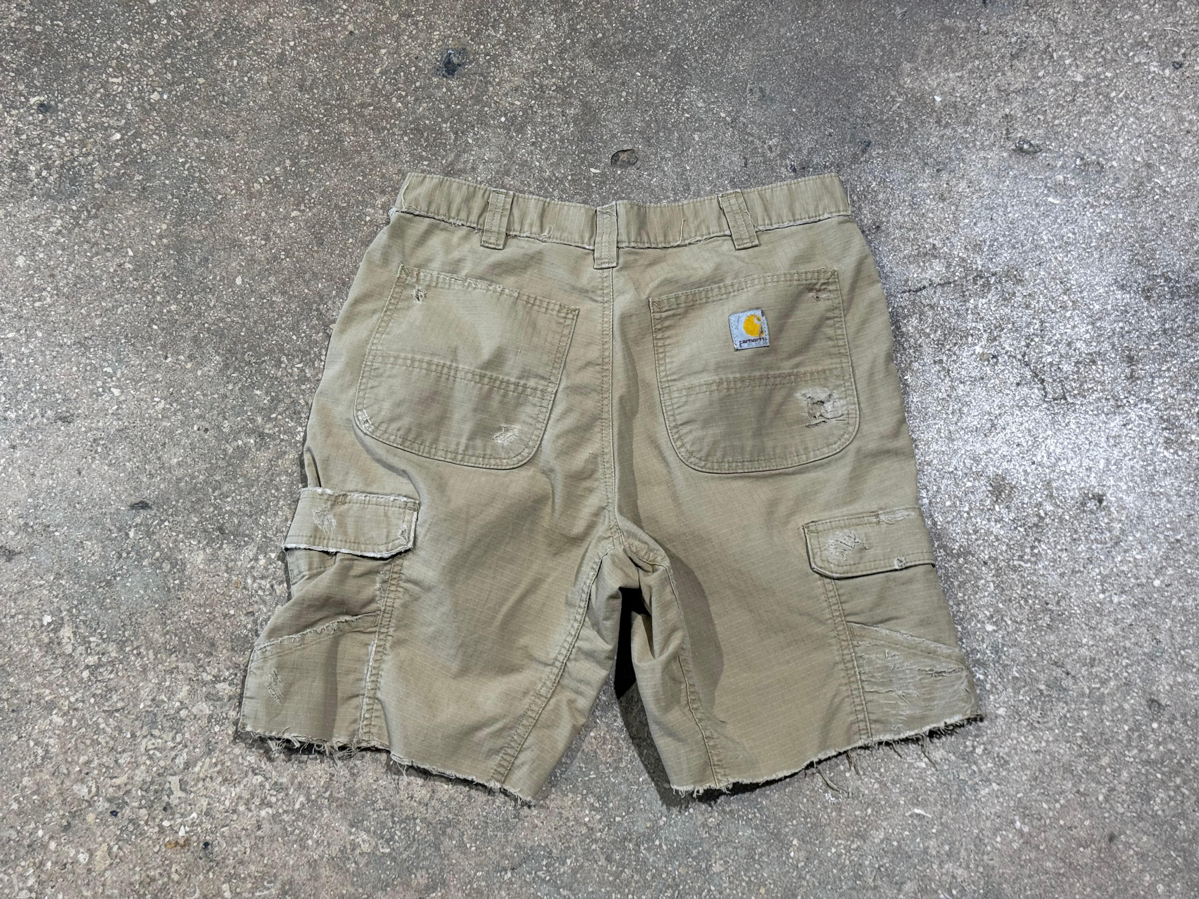 USED Distressed Carhartt Grid Cargo Shorts - Khaki Size 32