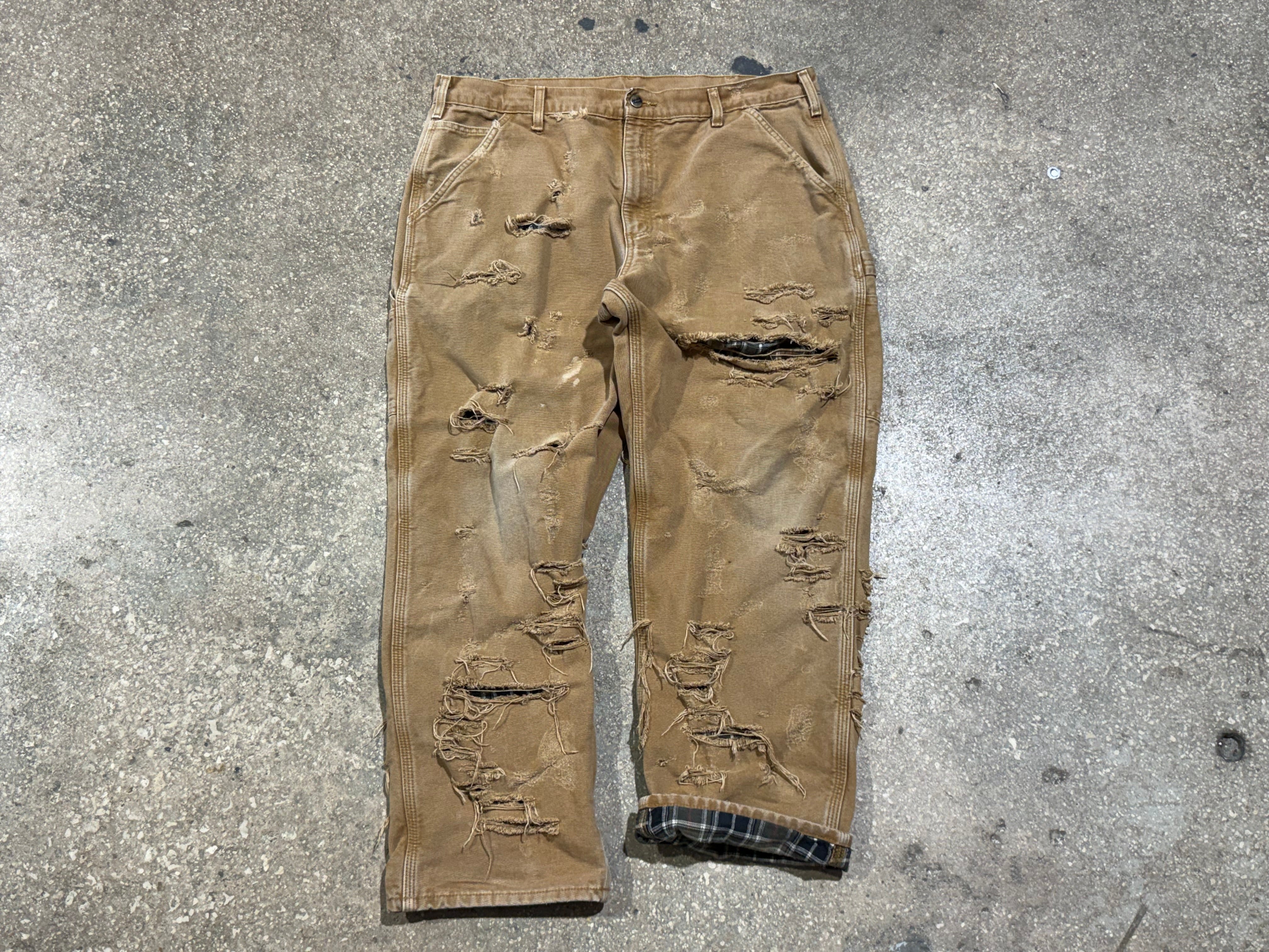 USED Distressed Carhartt Flannel Lined Carpenter Pants - Golden Brown Size 38x30