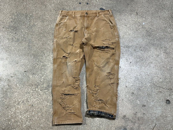 USED Distressed Carhartt Flannel Lined Carpenter Pants - Golden Brown Size 38x30