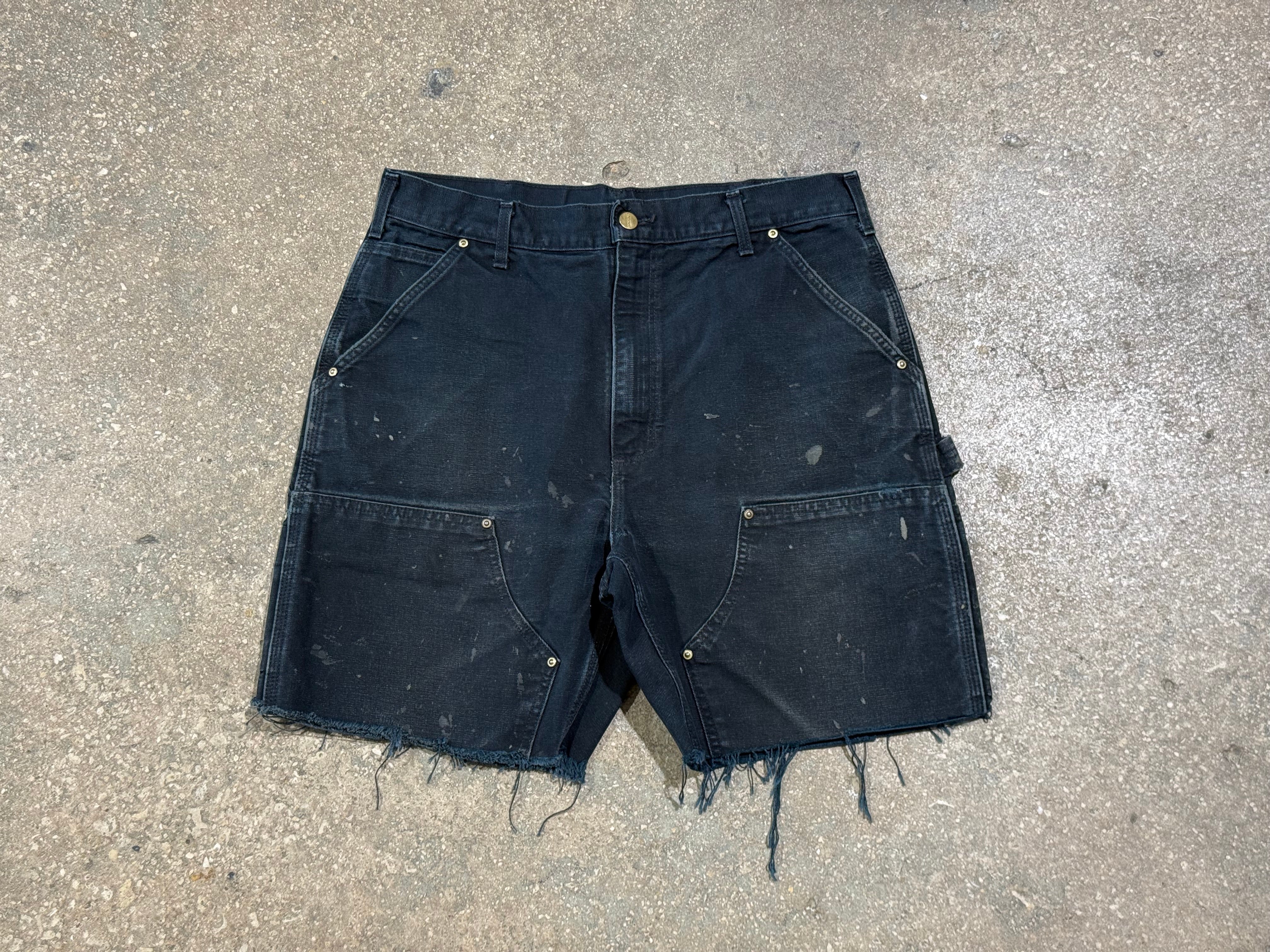 USED Distressed Carhartt Double Knee Shorts - Black Size 34
