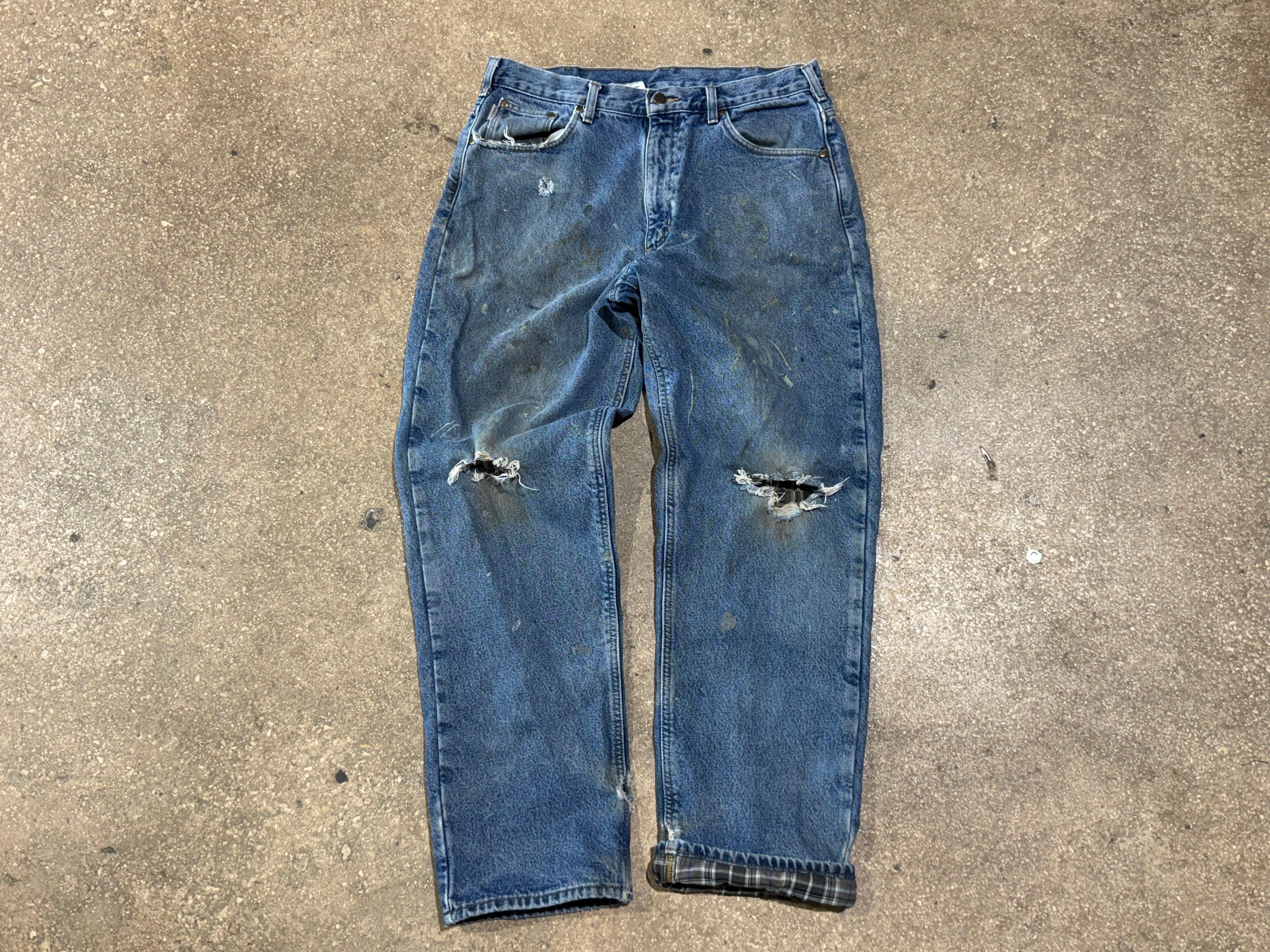 USED Distressed Carhartt Paint Splatter Flannel Lined Jeans - Blue Size 35x33