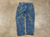 USED Distressed Carhartt Paint Splatter Flannel Lined Jeans - Blue Size 35x33