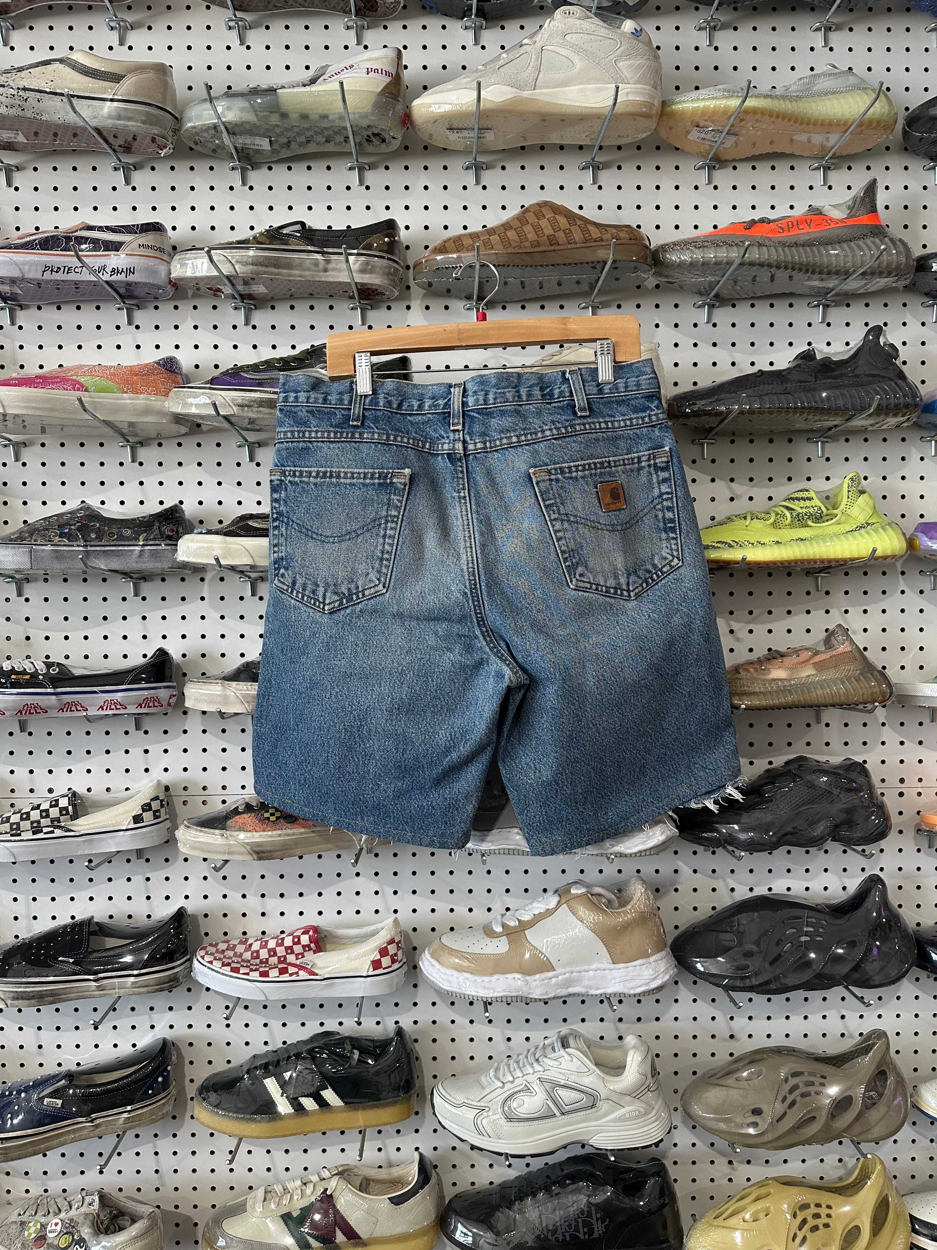 USED Distressed Carhartt Flannel Lined Denim Jean Shorts - Light Wash Size 35