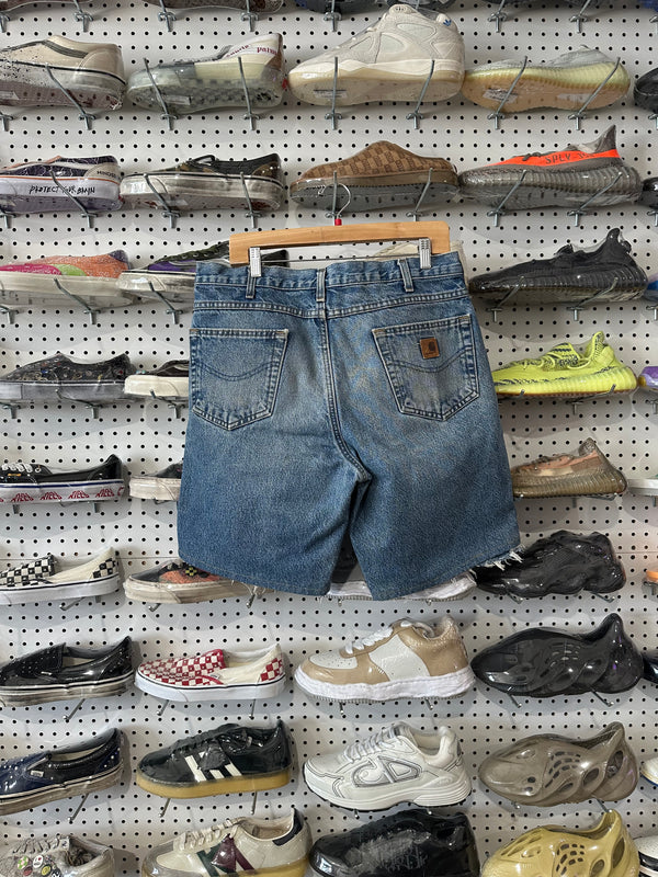 USED Distressed Carhartt Flannel Lined Denim Jean Shorts - Light Wash Size 35