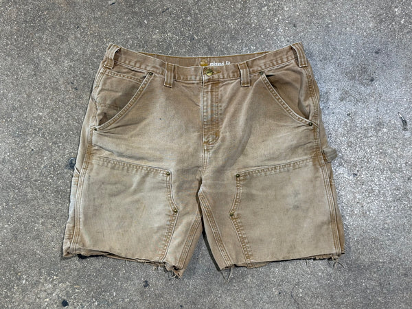 USED Distressed Carhartt Double Knee Shorts - Khaki Size 36