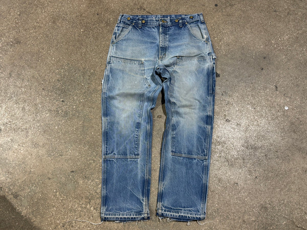 USED Carhartt Distressed Double Knee Denim Pants - Light Wash Size 36x33