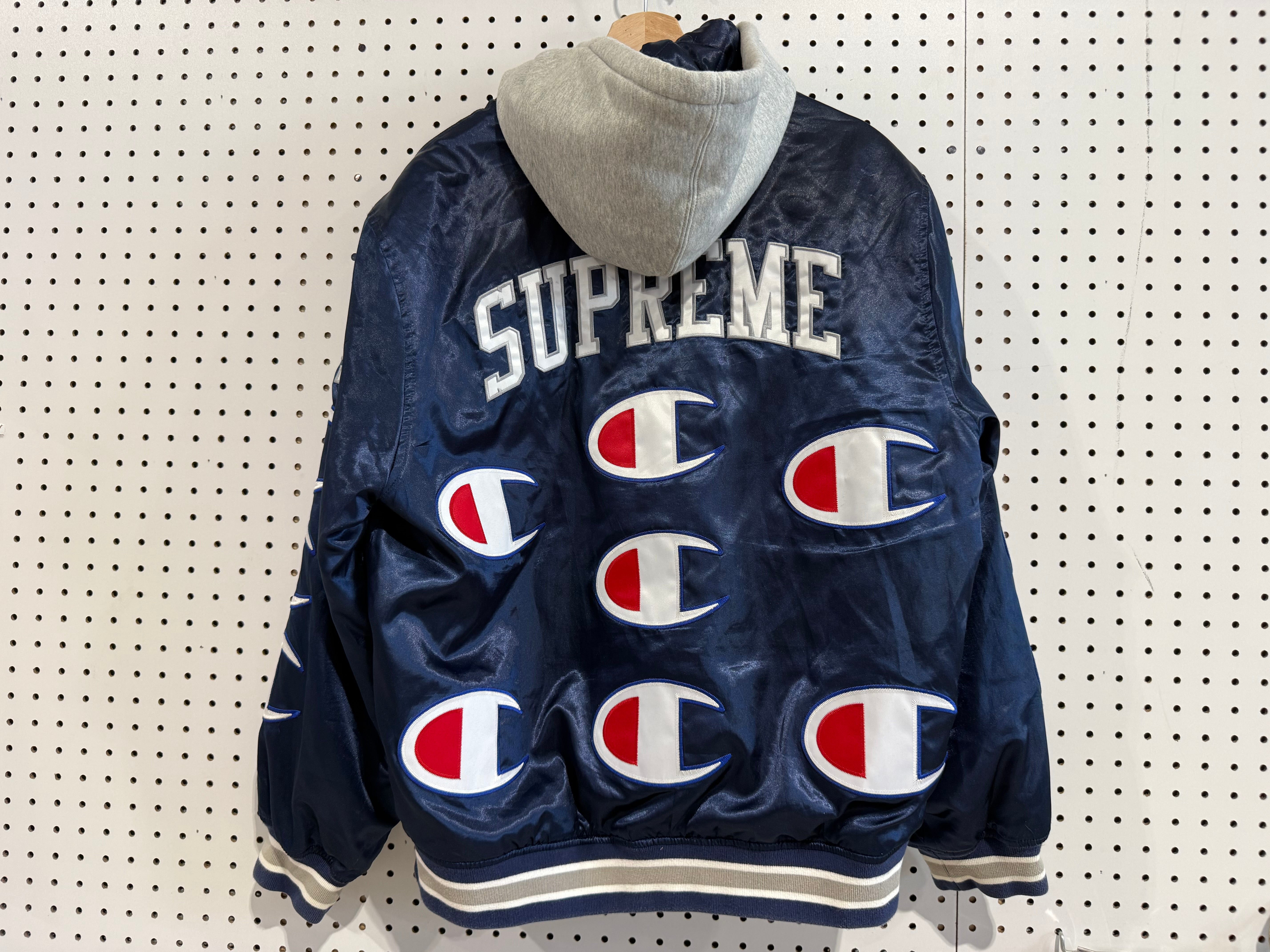 USED Supreme Champion Hooded Satin Varsity Jacket - Navy Size Medium