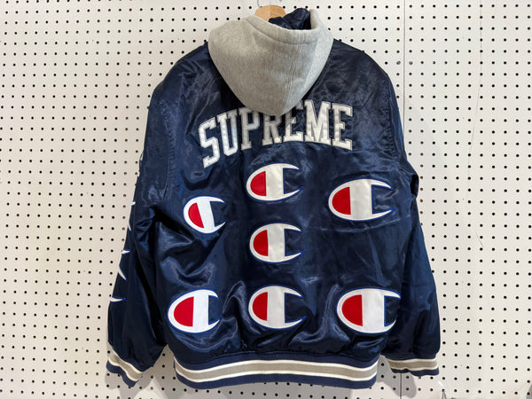 USED Supreme Champion Hooded Satin Varsity Jacket - Navy Size Medium