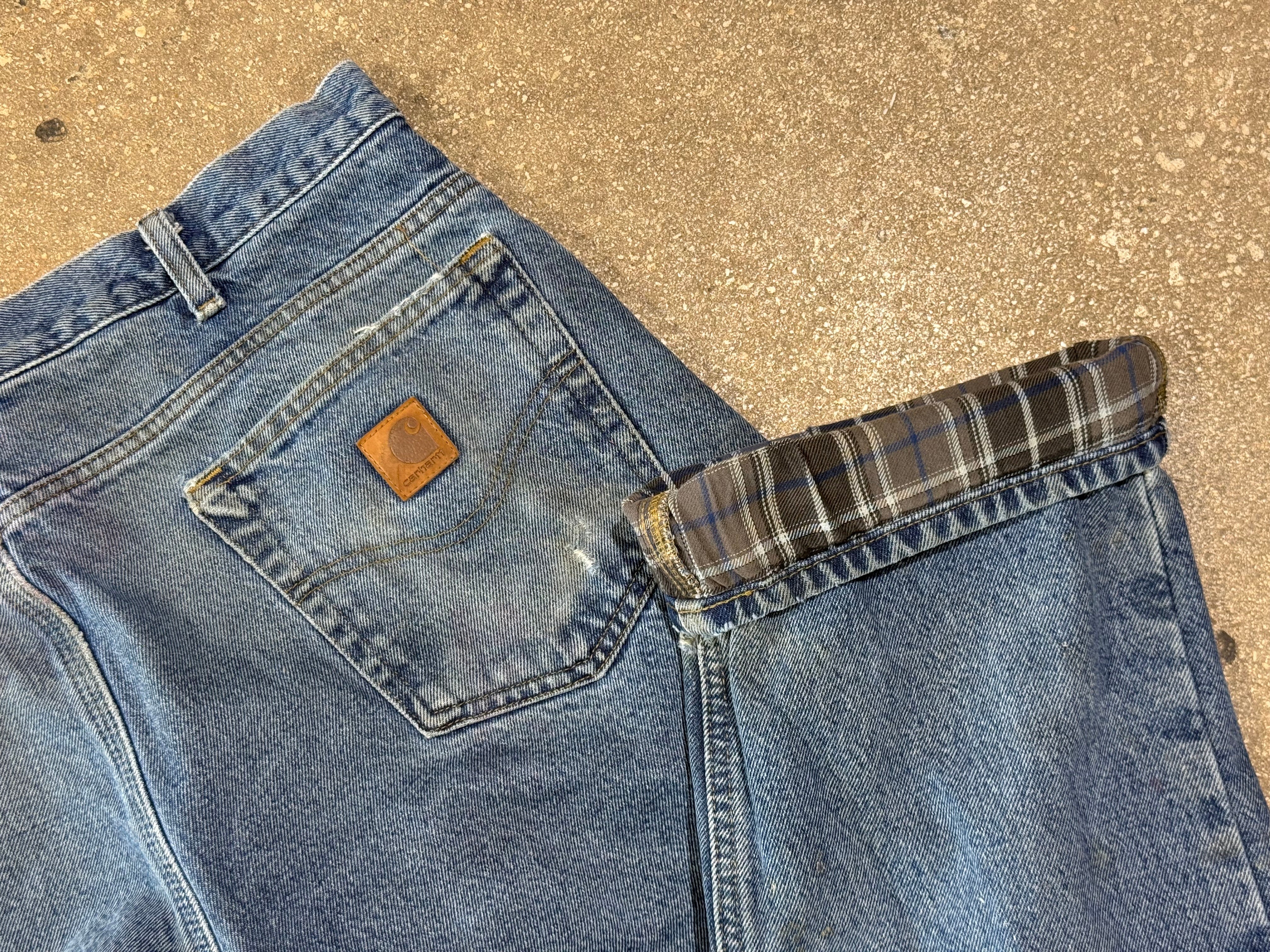 USED Distressed Carhartt Paint Splatter Flannel Lined Jeans - Blue Size 35x33