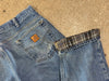 USED Distressed Carhartt Paint Splatter Flannel Lined Jeans - Blue Size 35x33