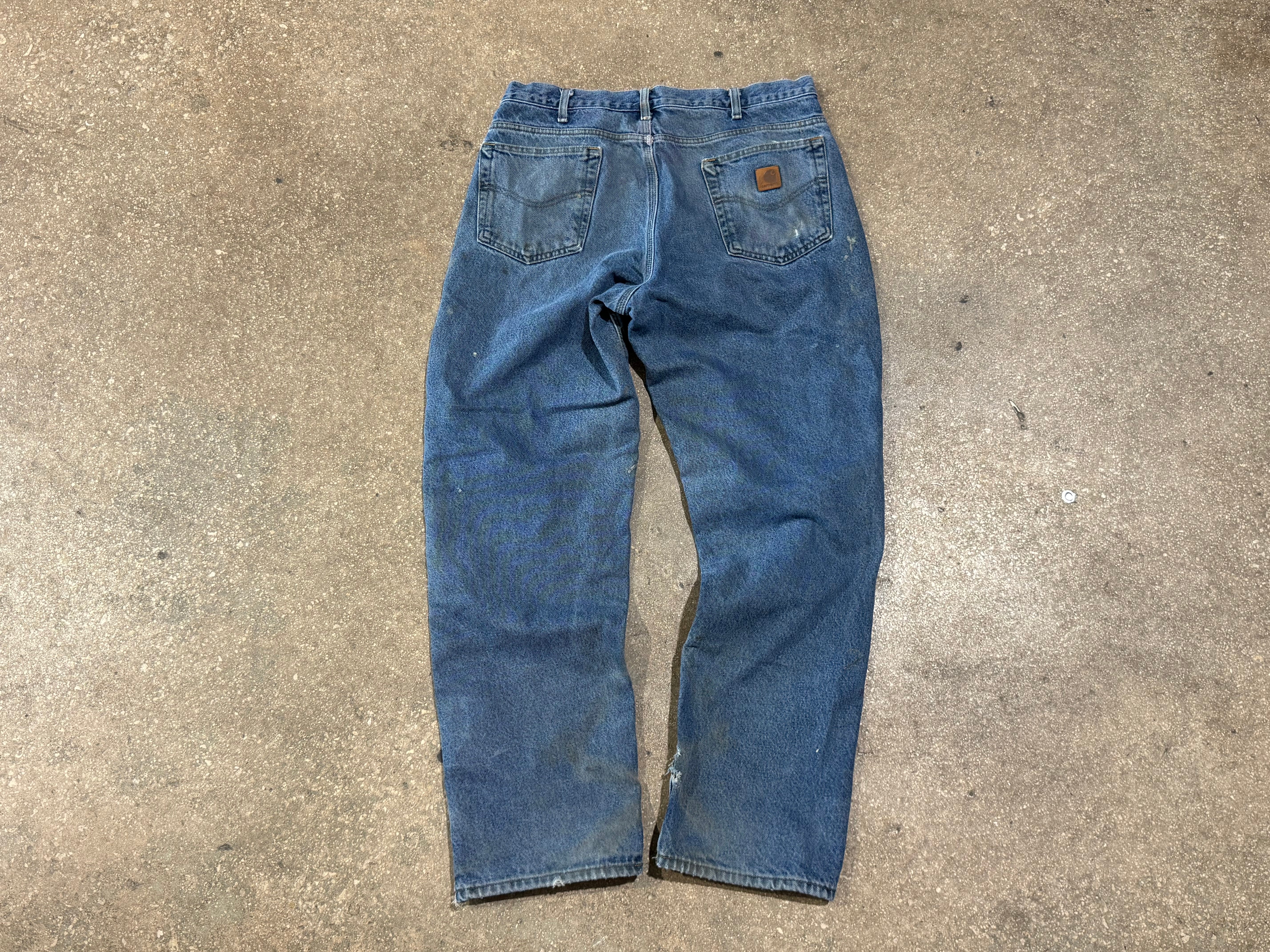 USED Distressed Carhartt Paint Splatter Flannel Lined Jeans - Blue Size 35x33