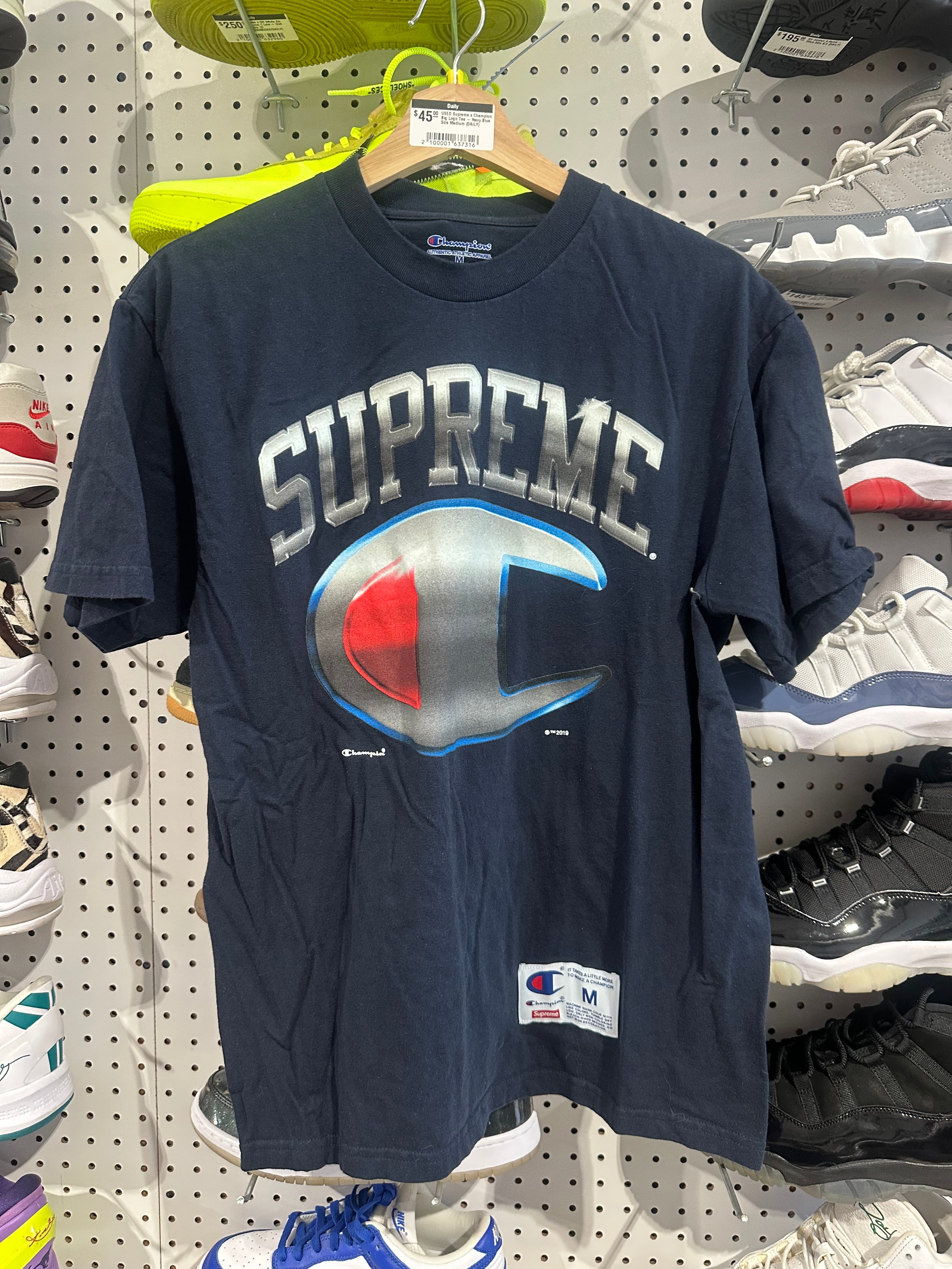 USED Supreme x Champion Big Logo Tee - Navy Blue Size Medium