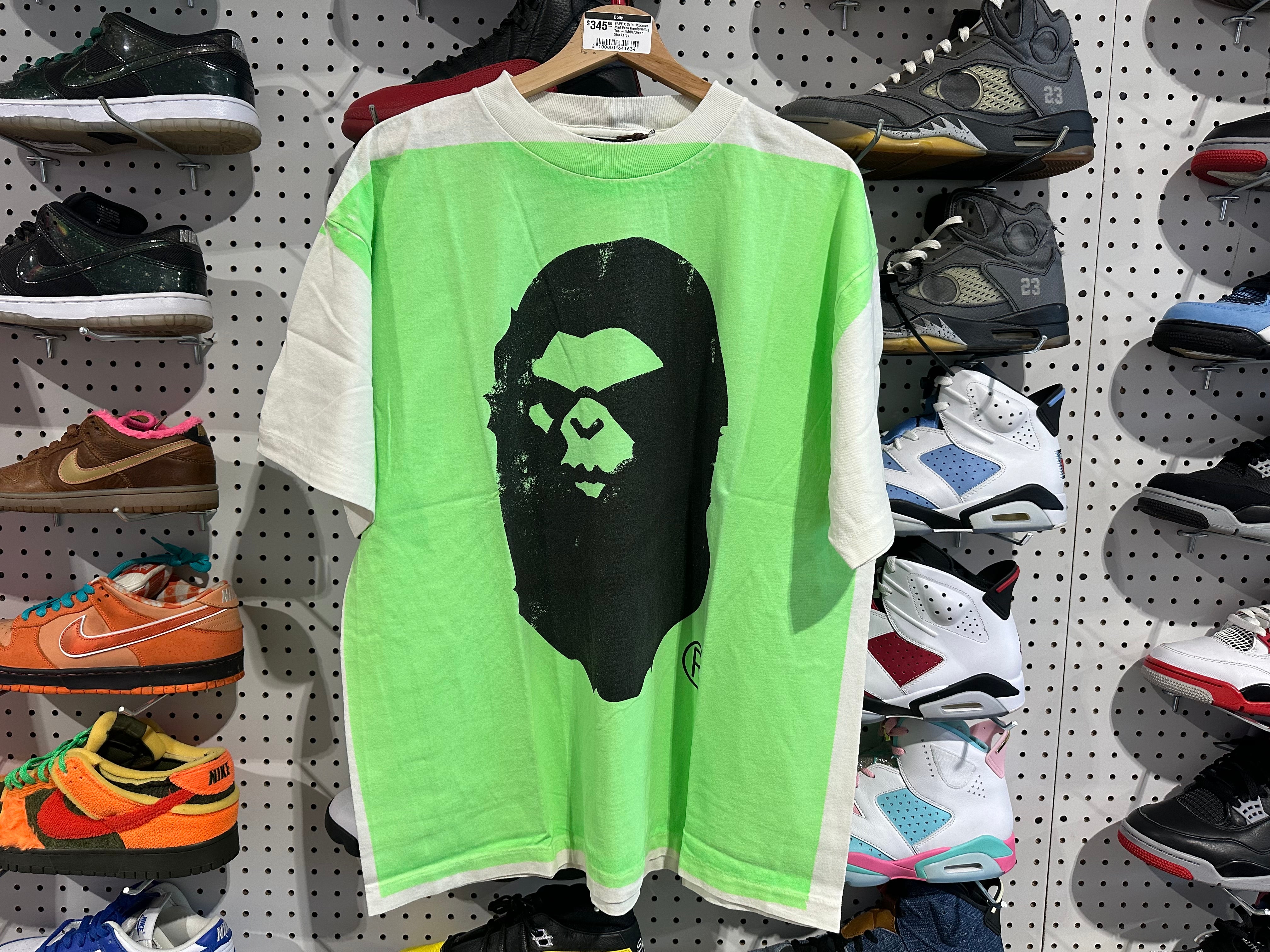 BAPE X Saint Mxxxxxx Mad Face Handprinting Tee - White/Green