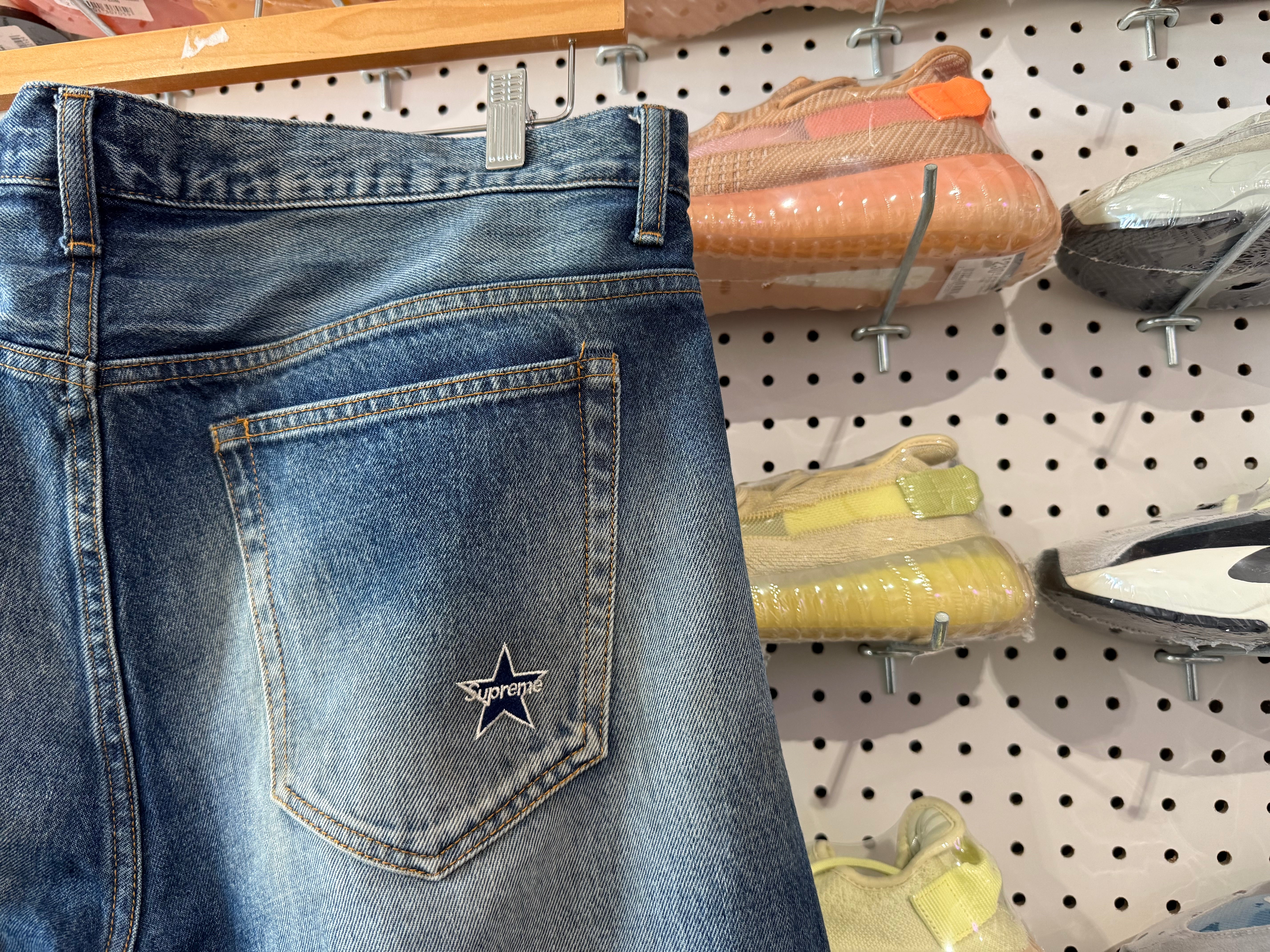 USED Supreme SS25 Distressed Loose Fit Selvedge Denim - Washed Indigo Size 34