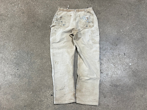 USED Distressed Carharrt Double Knee Pants - Faded Khaki Size 33x31