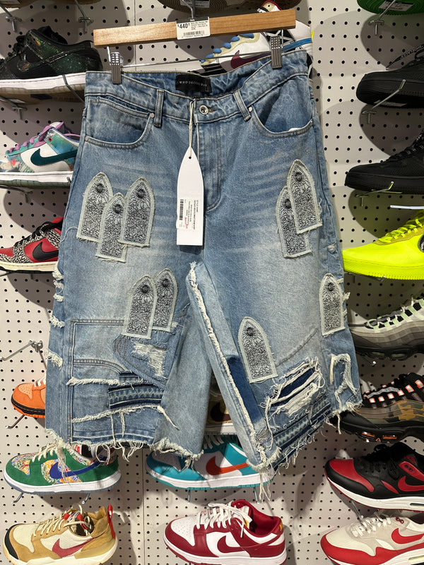 NEW Who Decides War Patched Arch Denim Shorts - Blue  Size 32