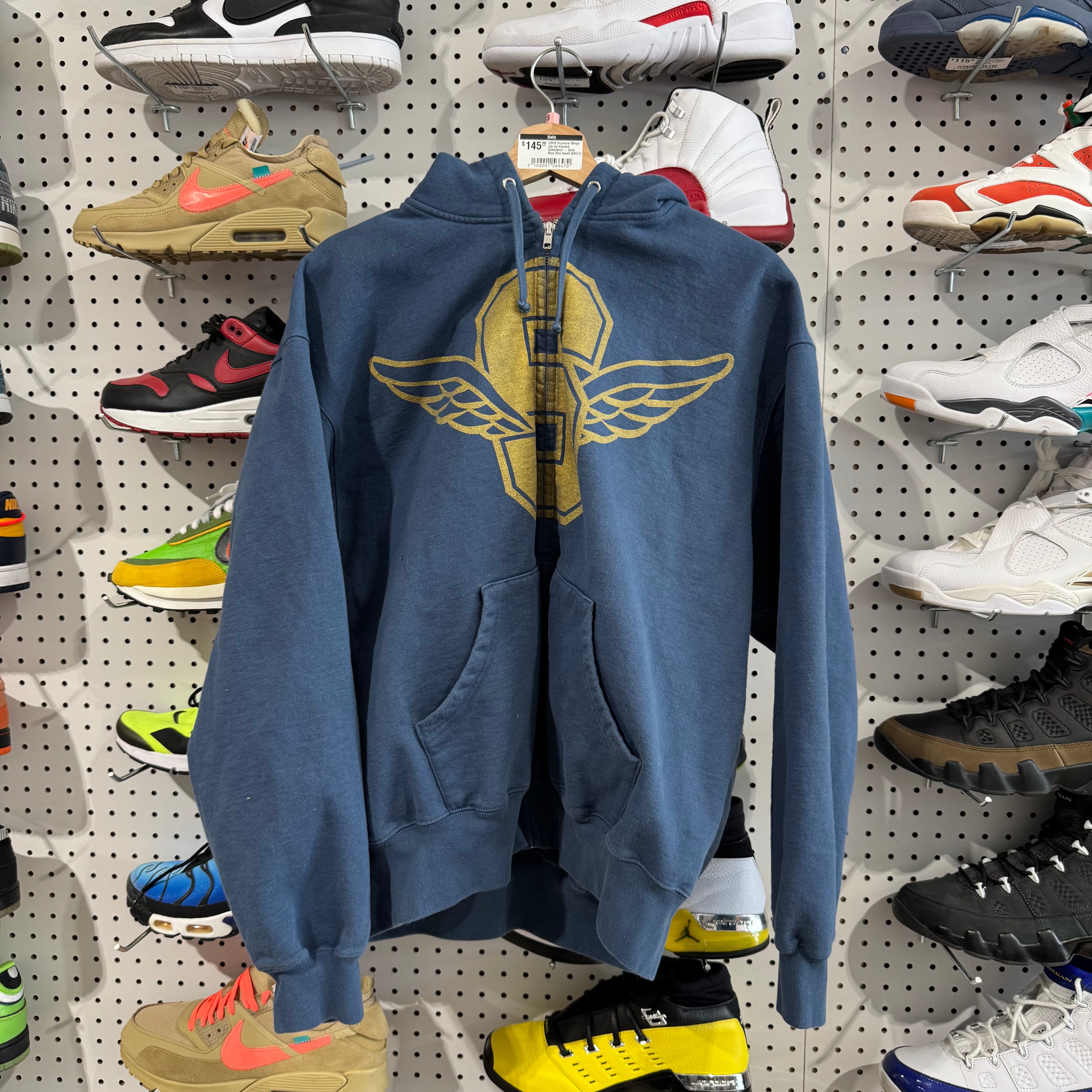 USED Supreme Wings Zip Up Hooded Sweatshirt - Dark Blue Size Small