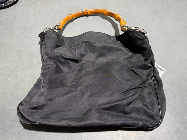 VTG CLEAN GUCCI Nylon And Leather Bamboo Handle Hobo Bag - Black