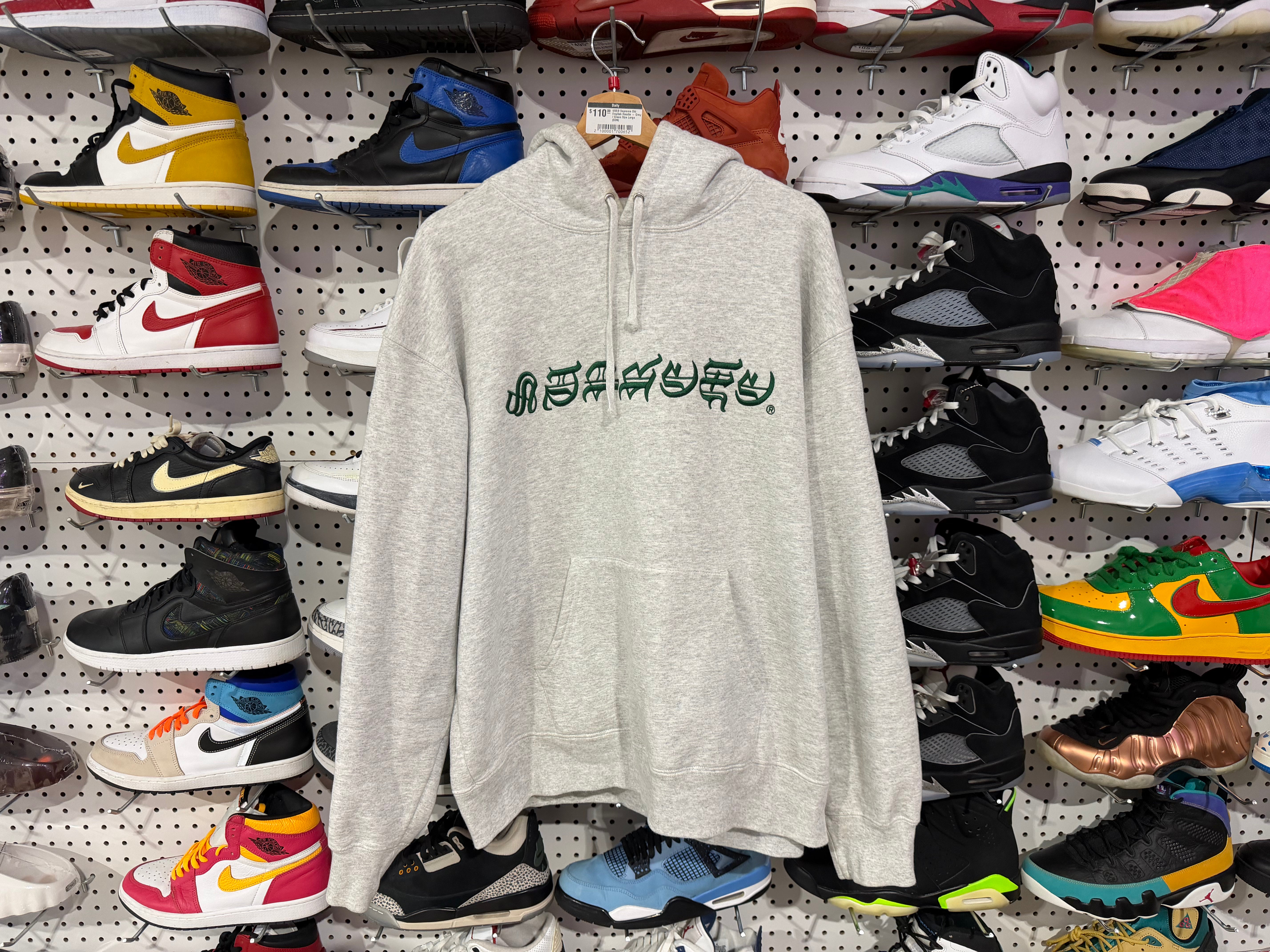 USED Supreme Old English Hoodie - Grey / Green Size Large
