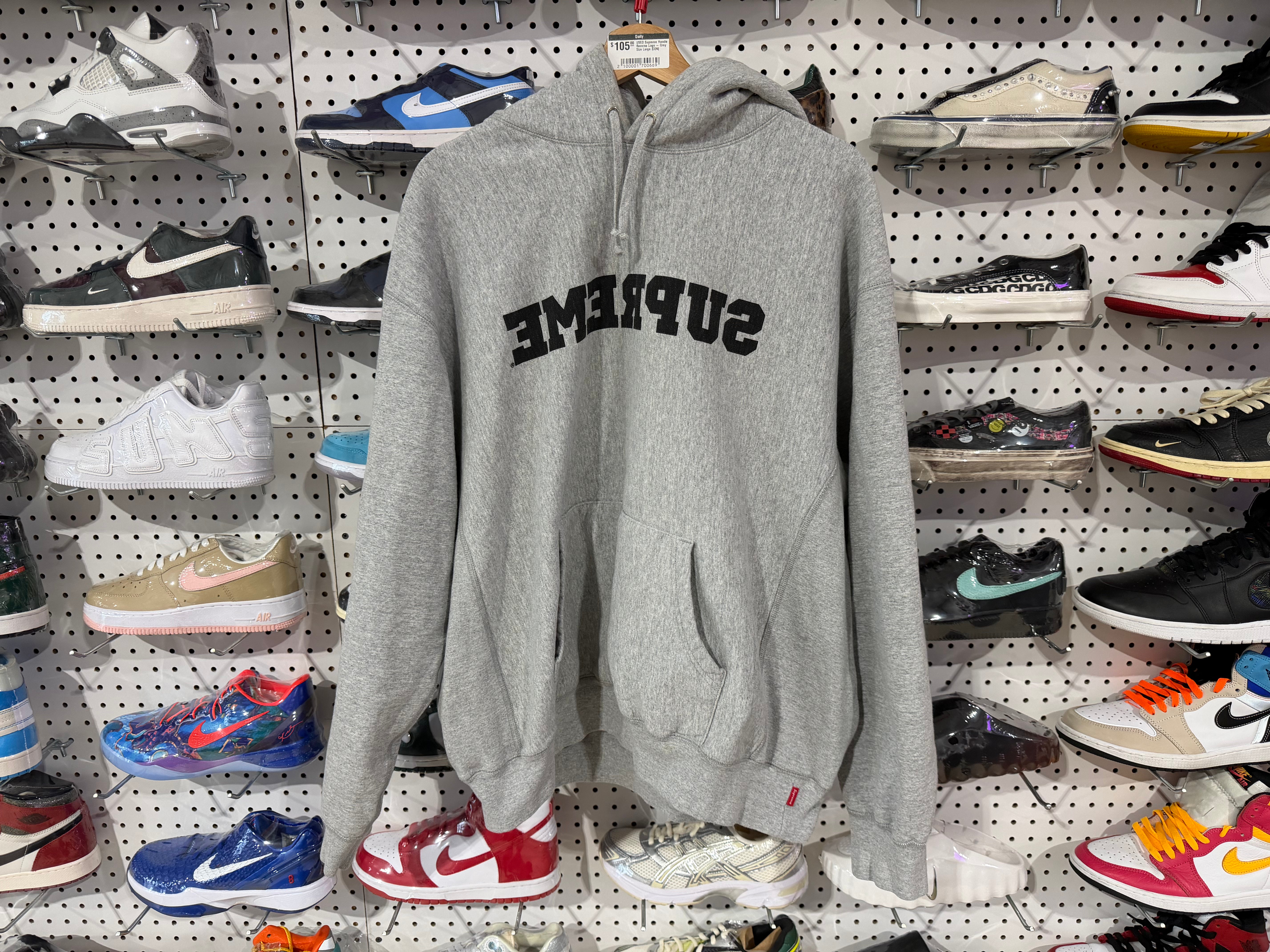USED Supreme Hoodie Reverse Logo - Grey Size Large