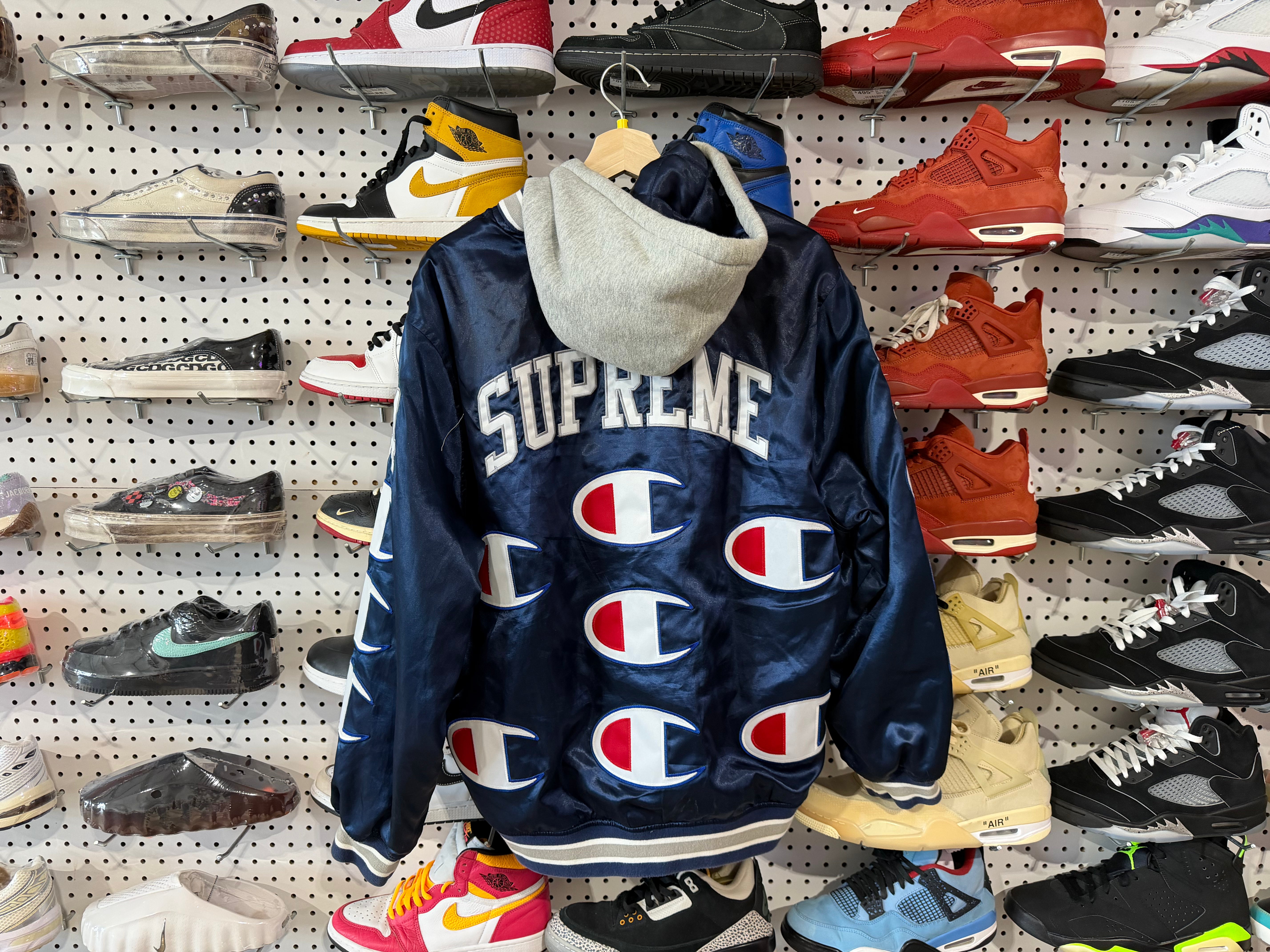 USED Supreme Champion Hooded Satin Varsity Jacket - Navy Size Medium