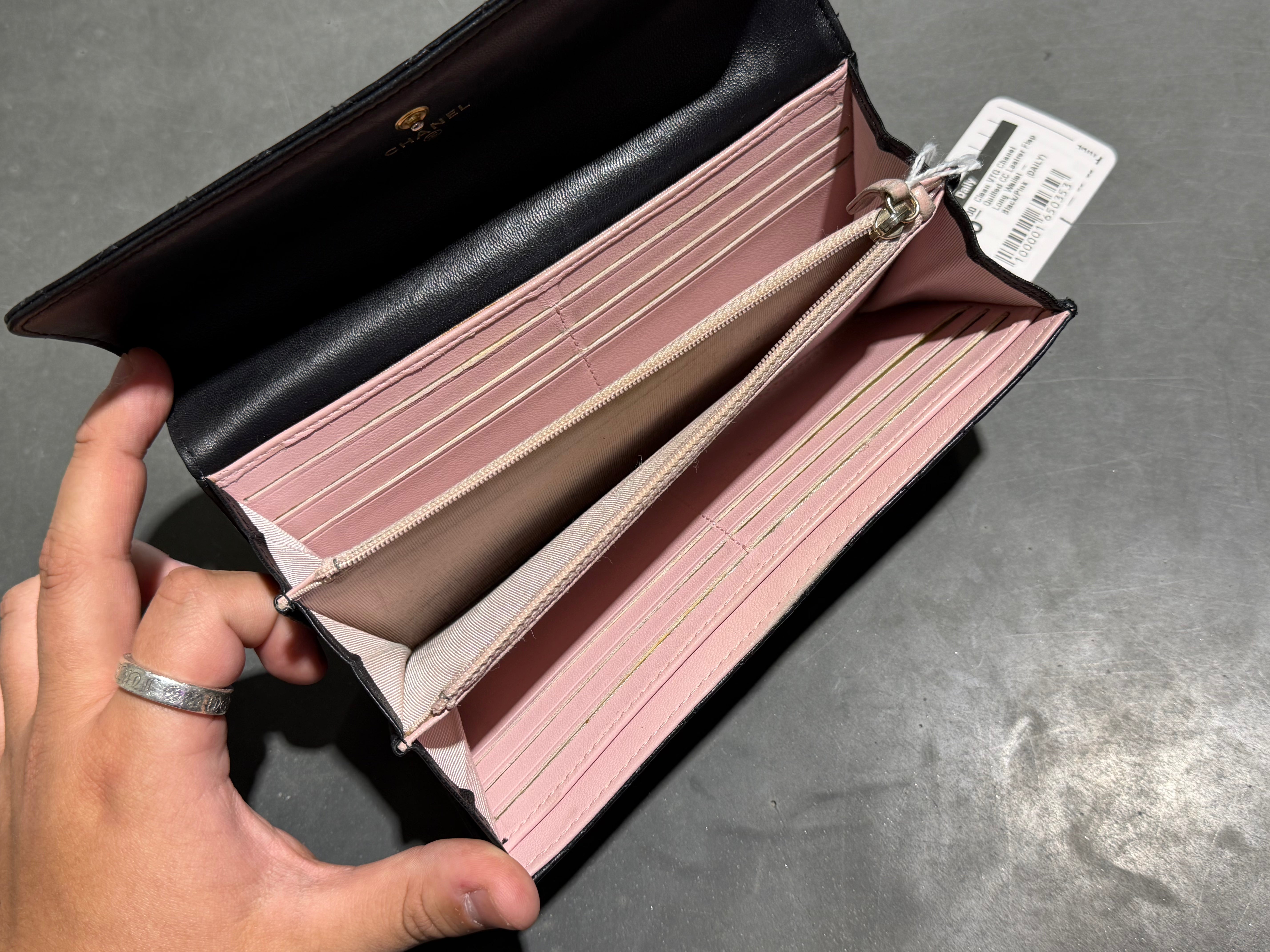 Clean VTG Chanel Quilted CC Leatrer Flap Long Wallet - Black/Pink