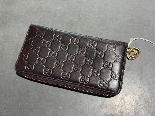 Clean 2010s Gucci Monogram Leather Zip Long Wallet - Brown/Gold