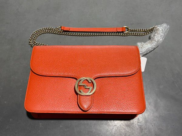 CLEAN GUCCI Interlocking G Shoulder Medium Leather Bag - Sun Orange