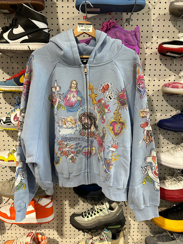 NEW Righteous Risen King Cropped Zip Up Hoodie - Blue