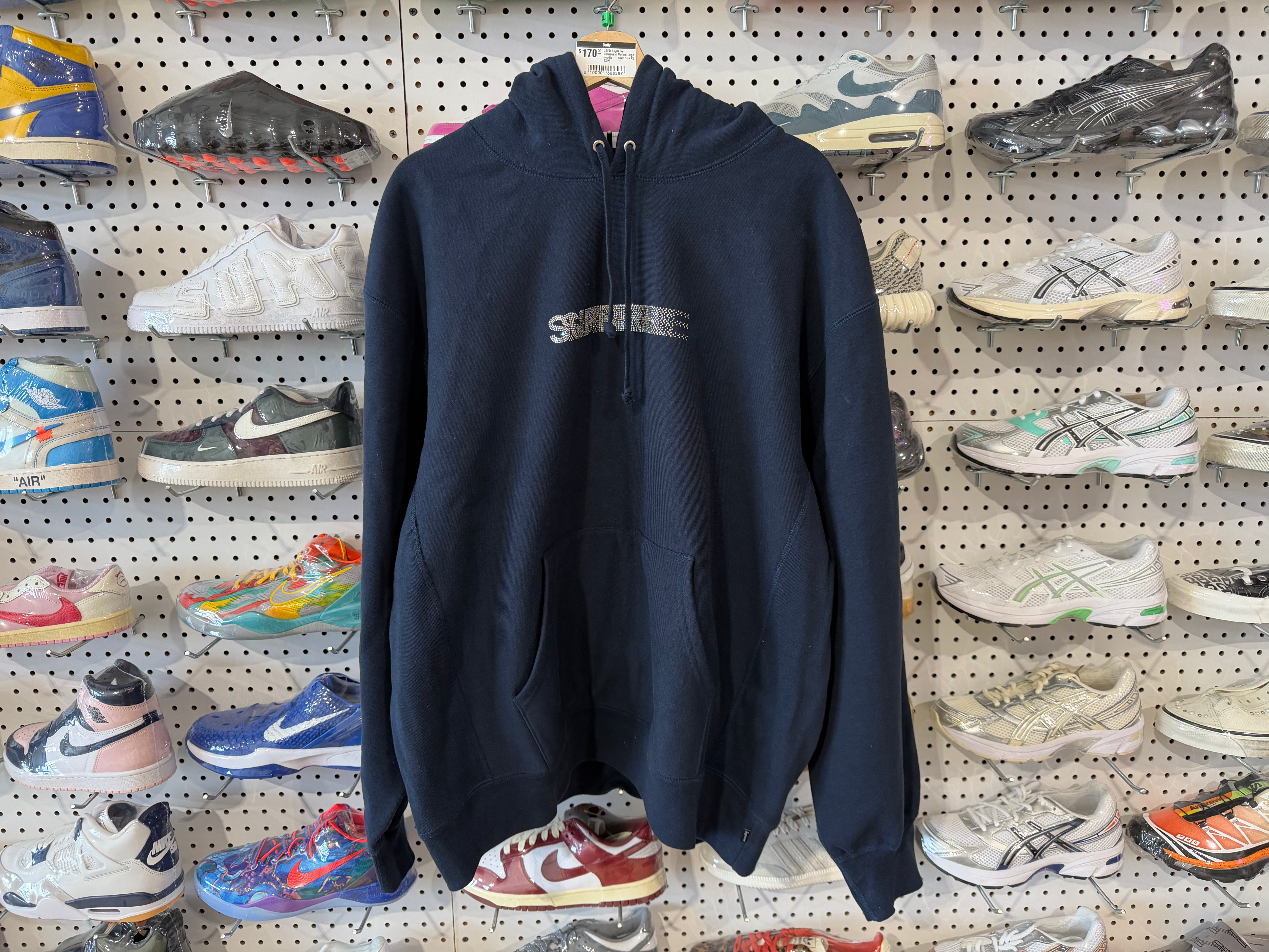 USED Supreme Swarovski Motion Logo Hoodie - Navy Size XL