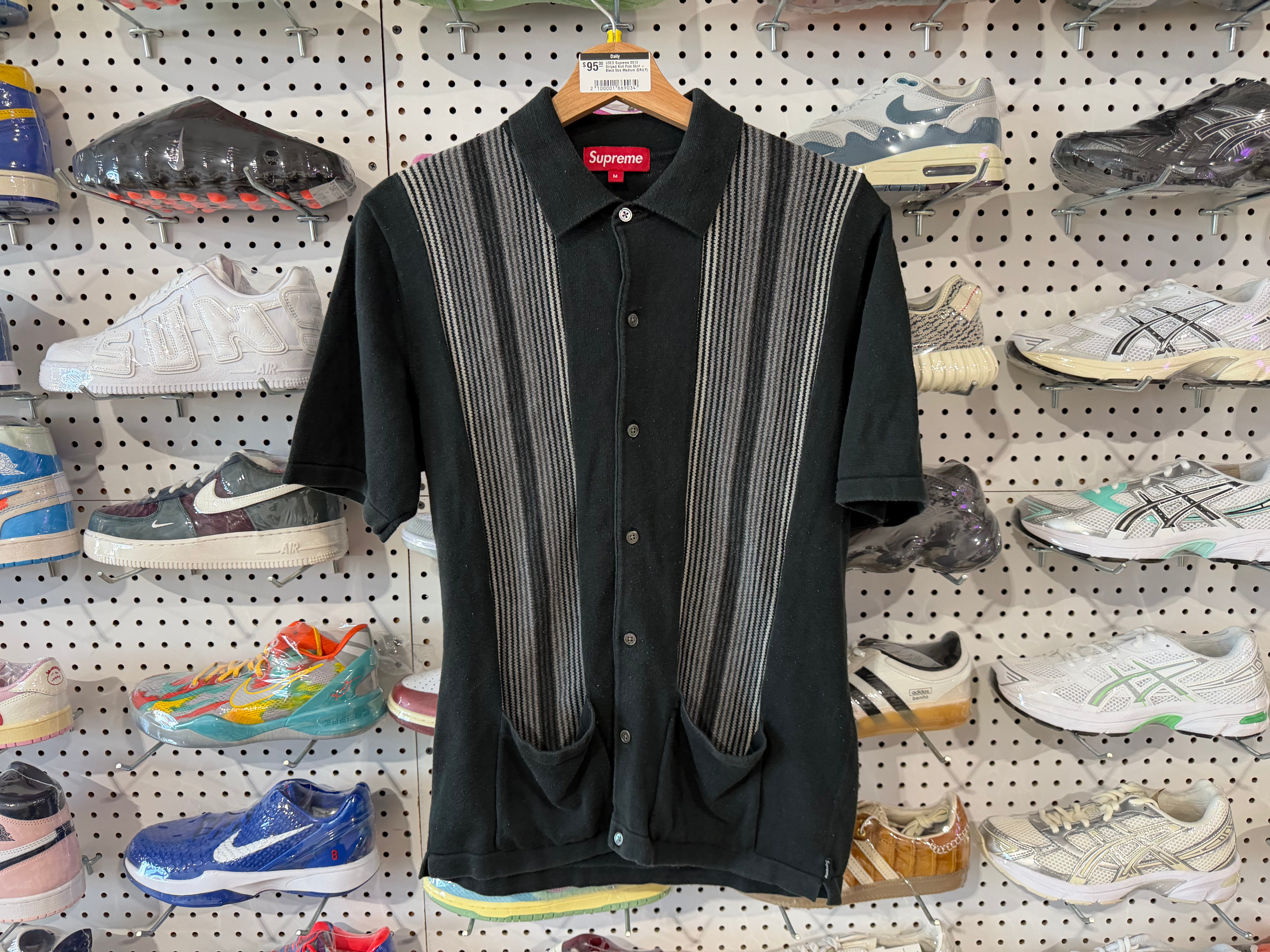 USED Supreme SS13 Striped Knit Polo Shirt - Black Size Medium