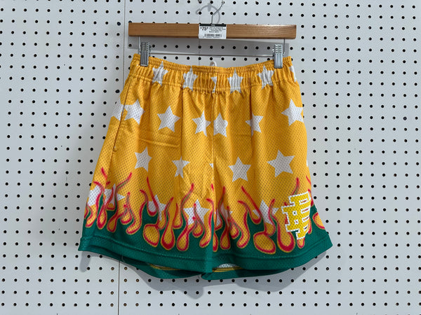 USED Eric Emanuel EE Flame & Stars Mesh Shorts - Yellow Green Size Medium