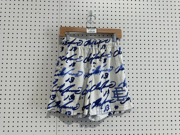 USED Eric Emanuel EE Script Mesh Shorts - White /Blue Size Medium