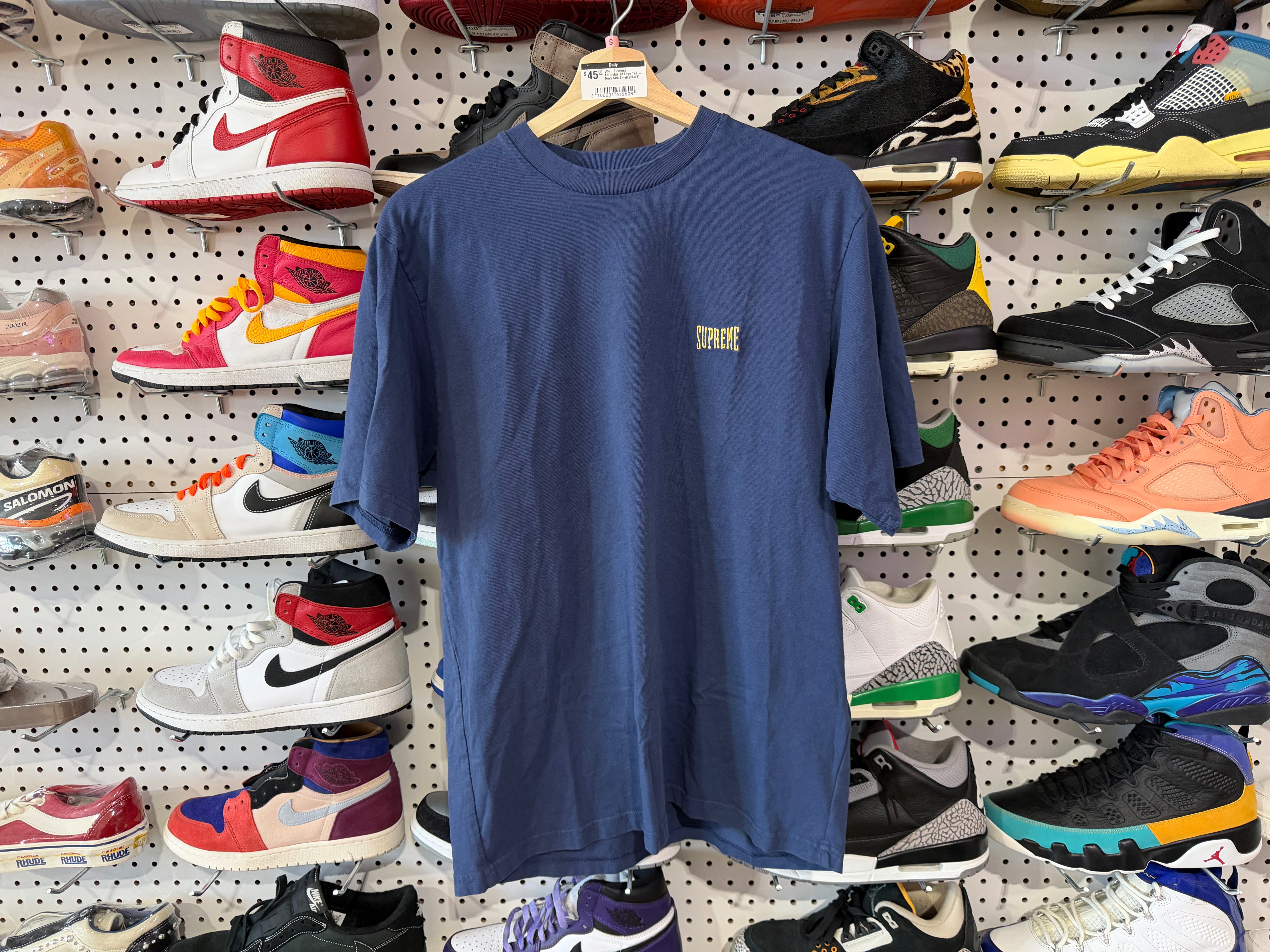 USED Supreme Embroidered Logo Tee - Navy Size Small