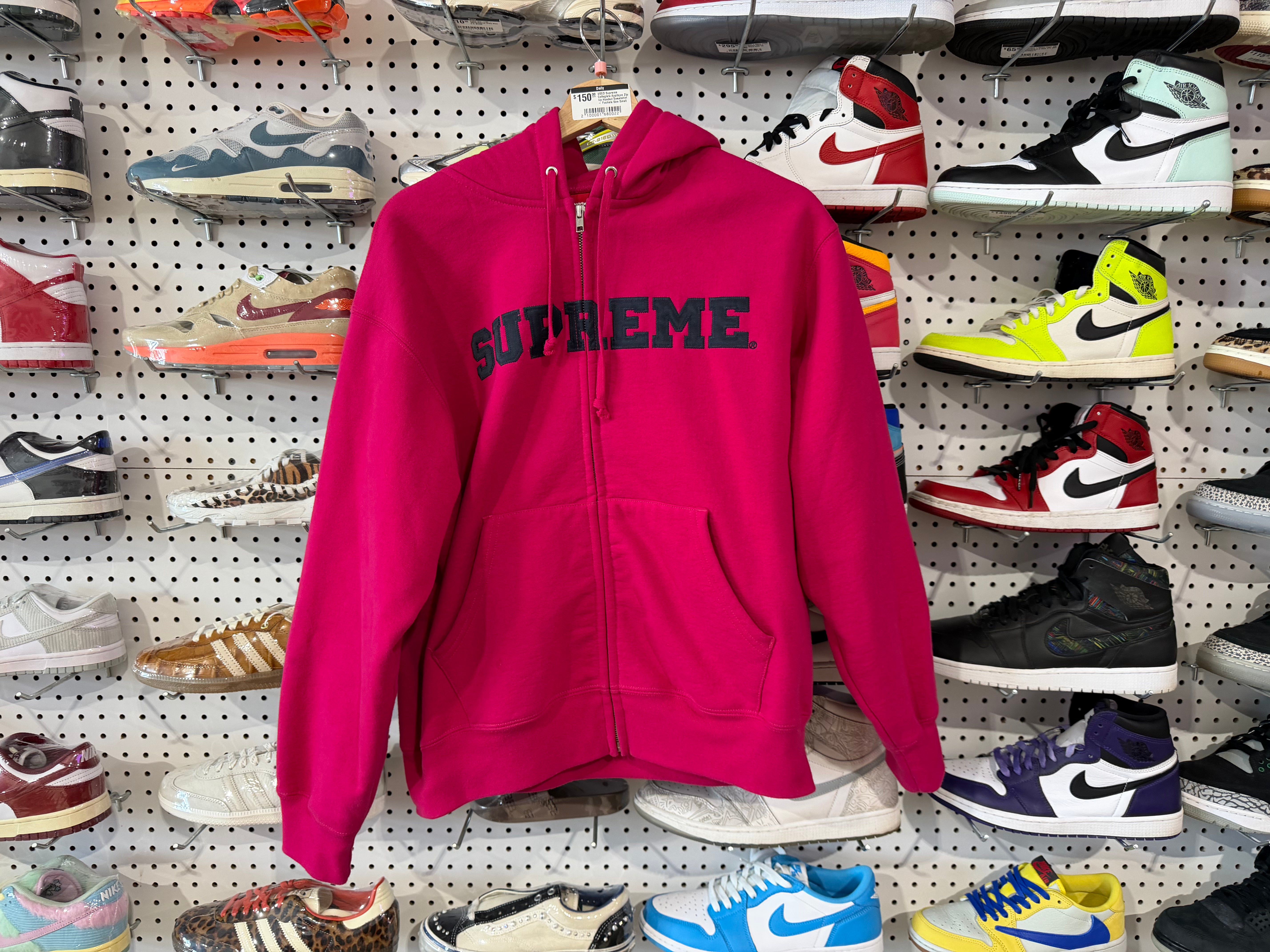 USED Supreme Collegiate Applique Zip Up Hooded Sweatshirt - Fuchsia Size Small