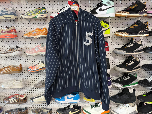 USED Supreme Devil S Logo Zip Up Hooded Sweatshirt - Navy Stripe Size XXL