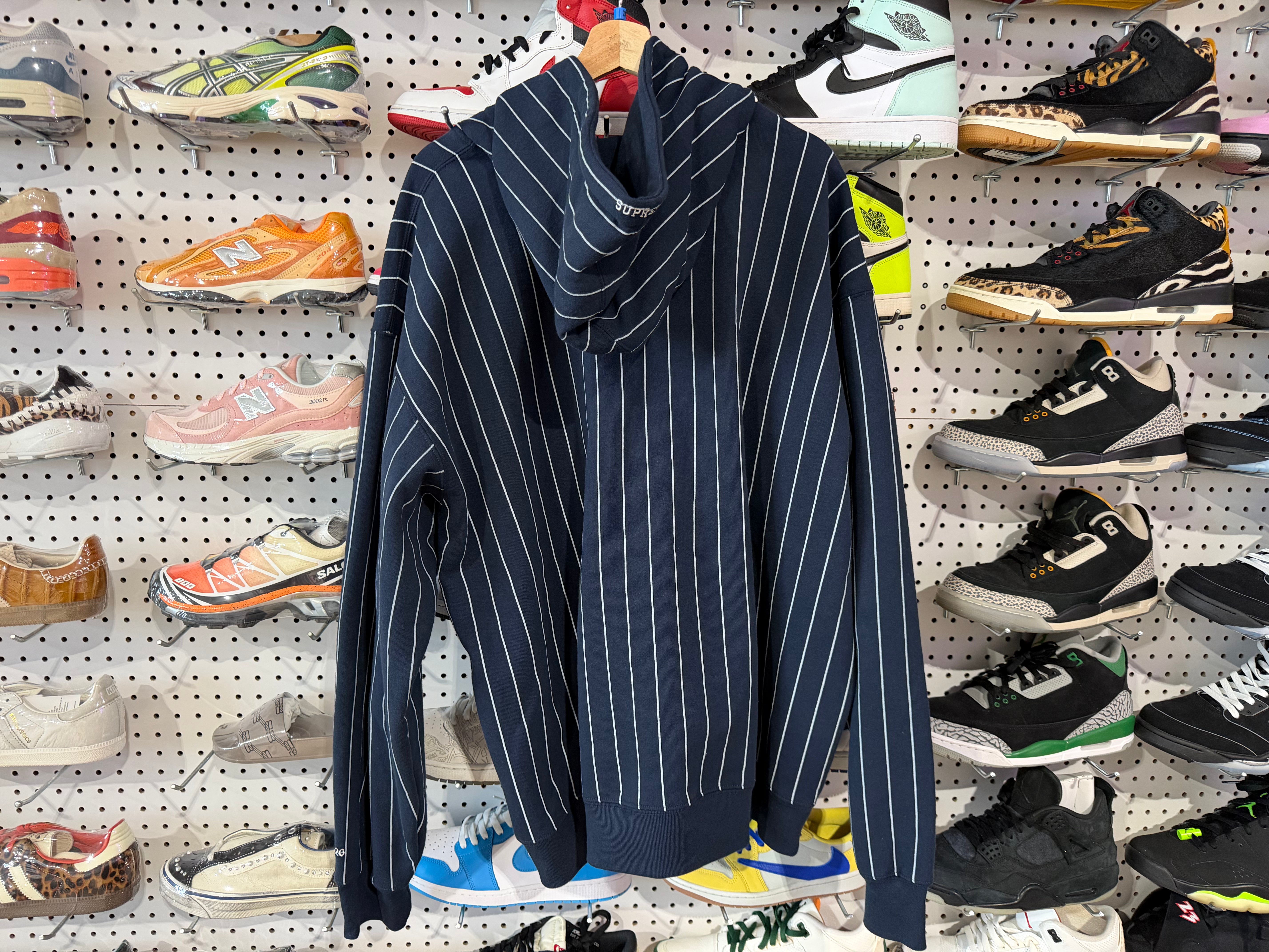 USED Supreme Devil S Logo Zip Up Hooded Sweatshirt - Navy Stripe Size XXL
