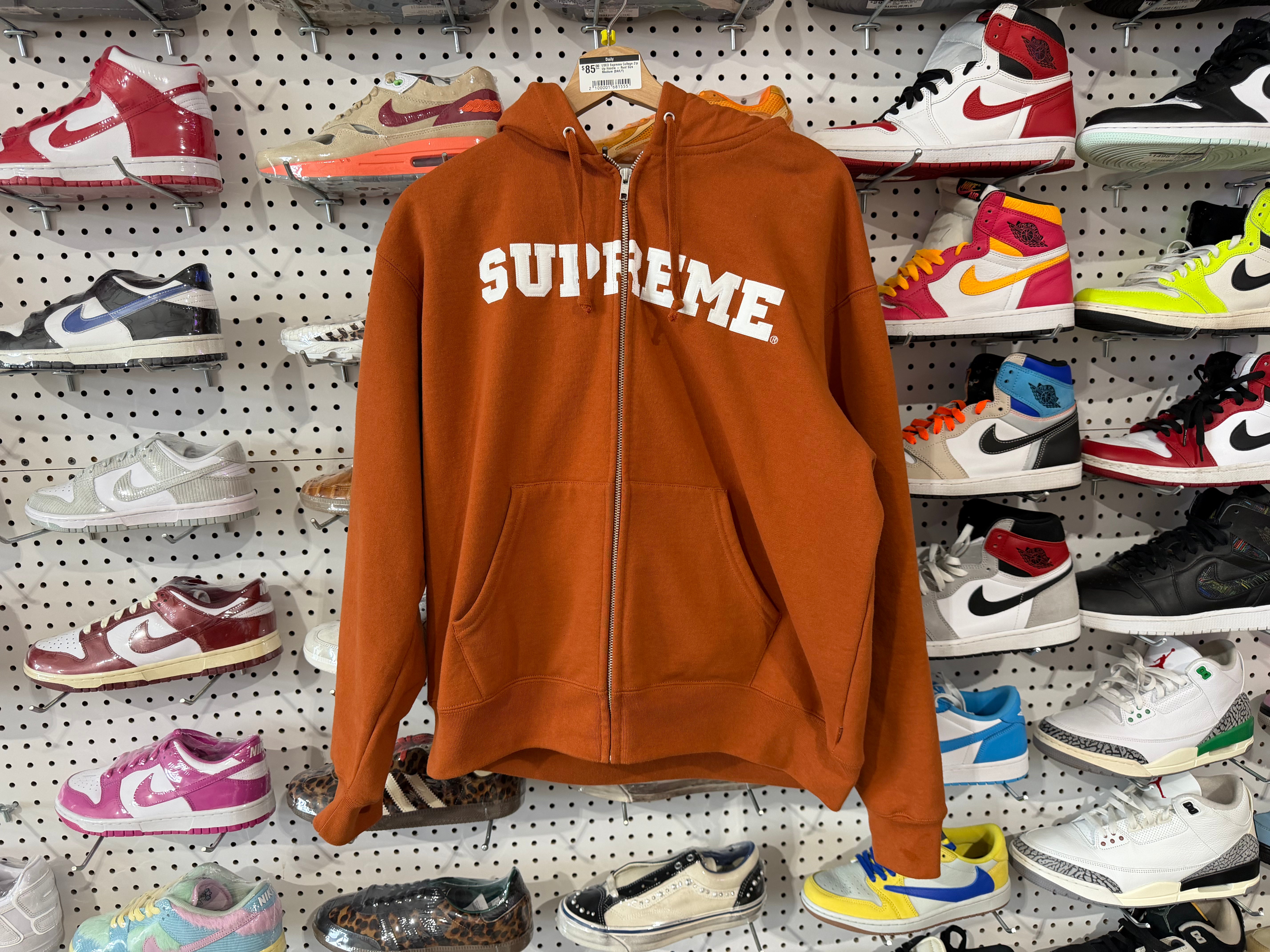 USED Supreme College Zip Up Hoodie - Rust Size Medium