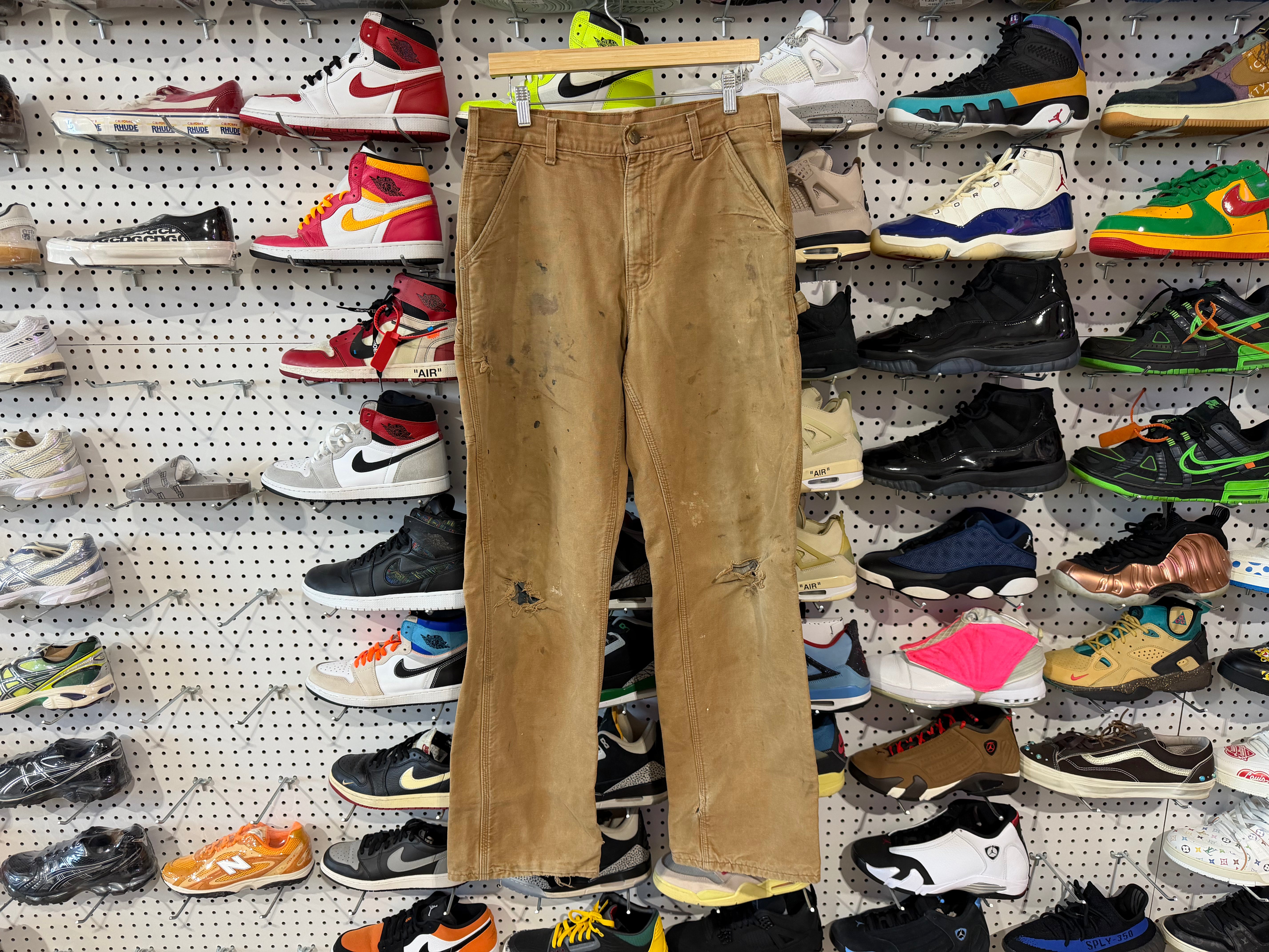 USED Distressed Carhartt Flannel Lined Carpenter Pants - Khaki Size 33x34
