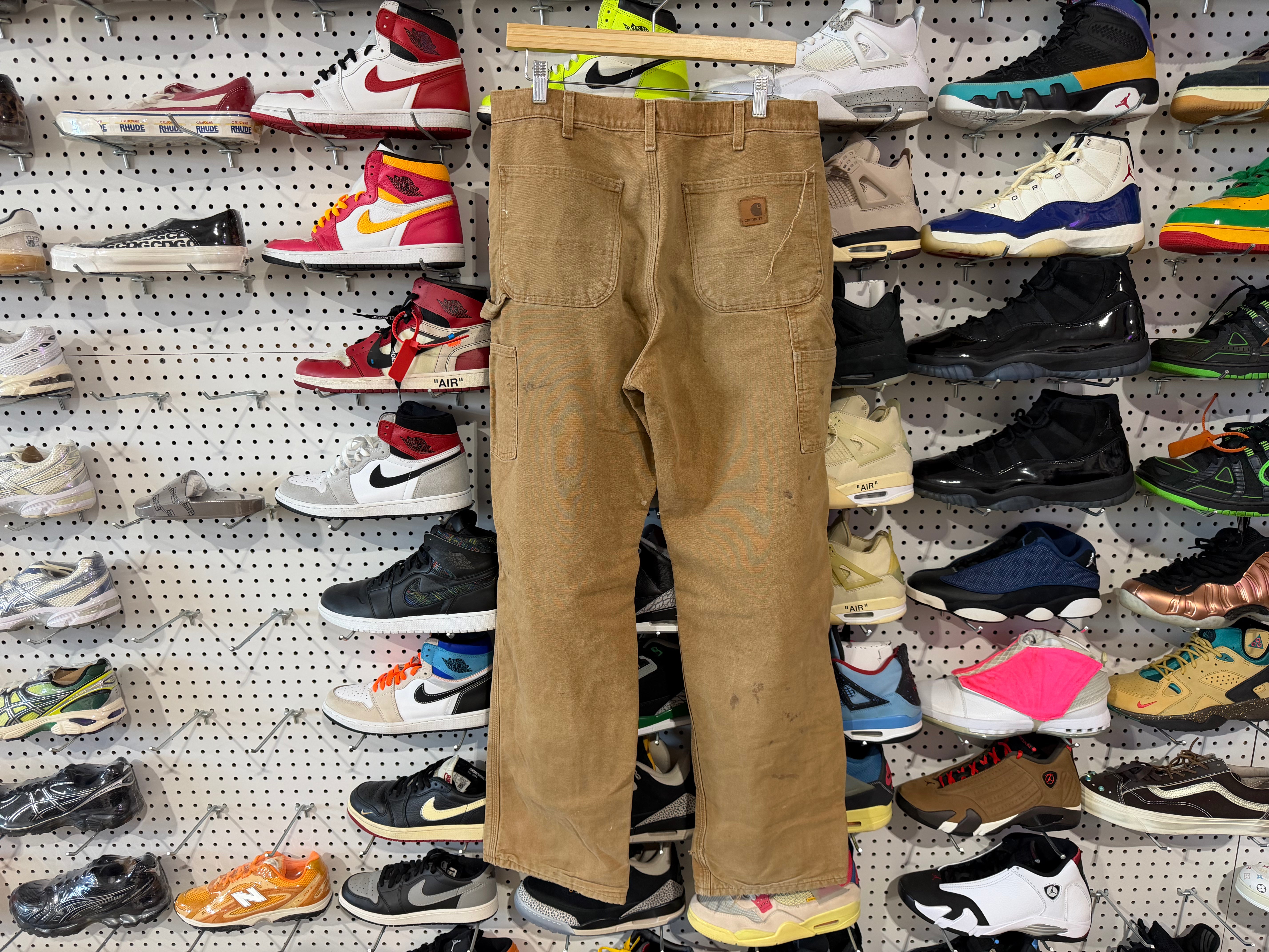 USED Distressed Carhartt Flannel Lined Carpenter Pants - Khaki Size 33x34