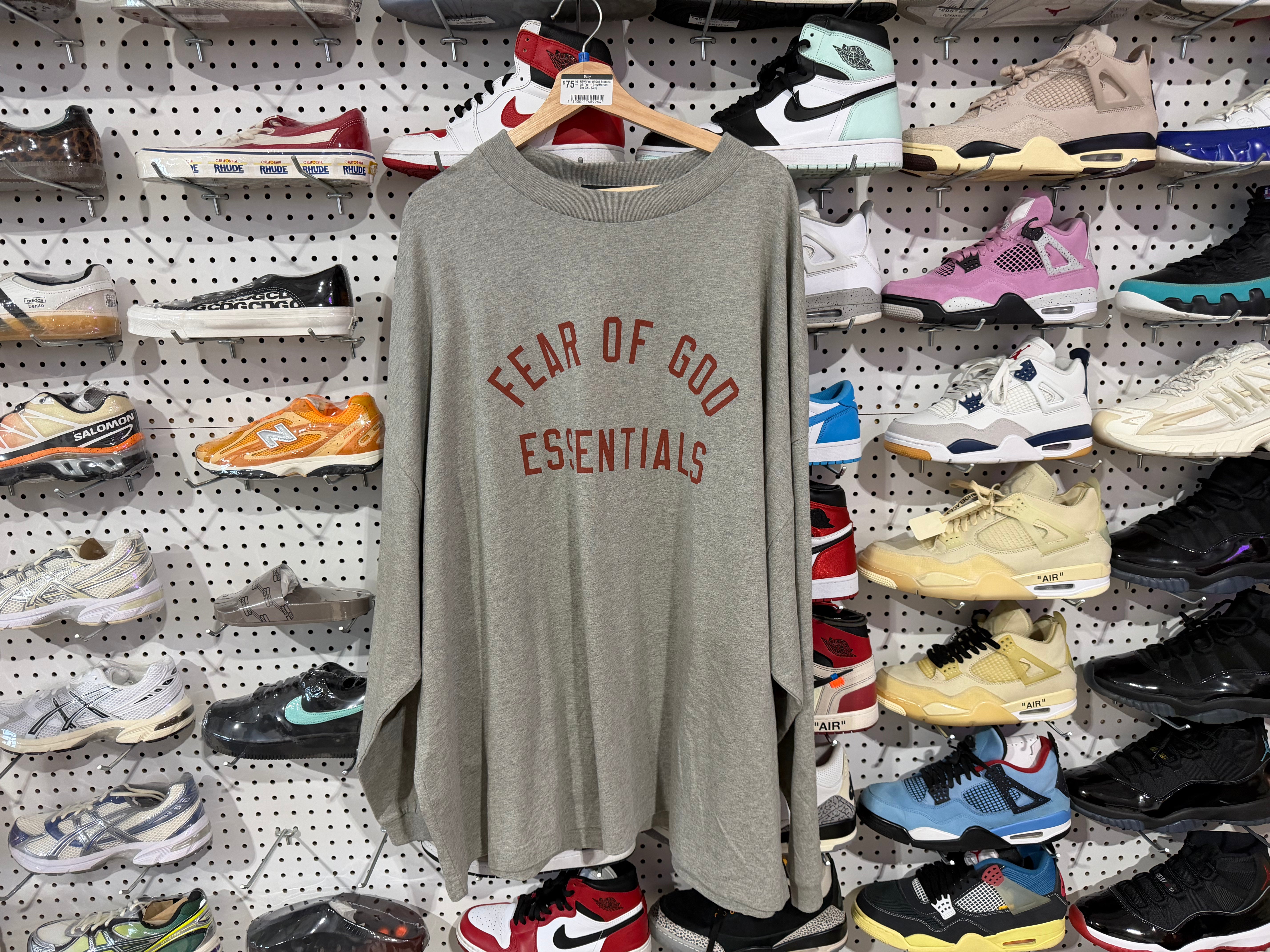 NEW Fear Of God Essential L/S Tee - Grey/Maroon Size XXL